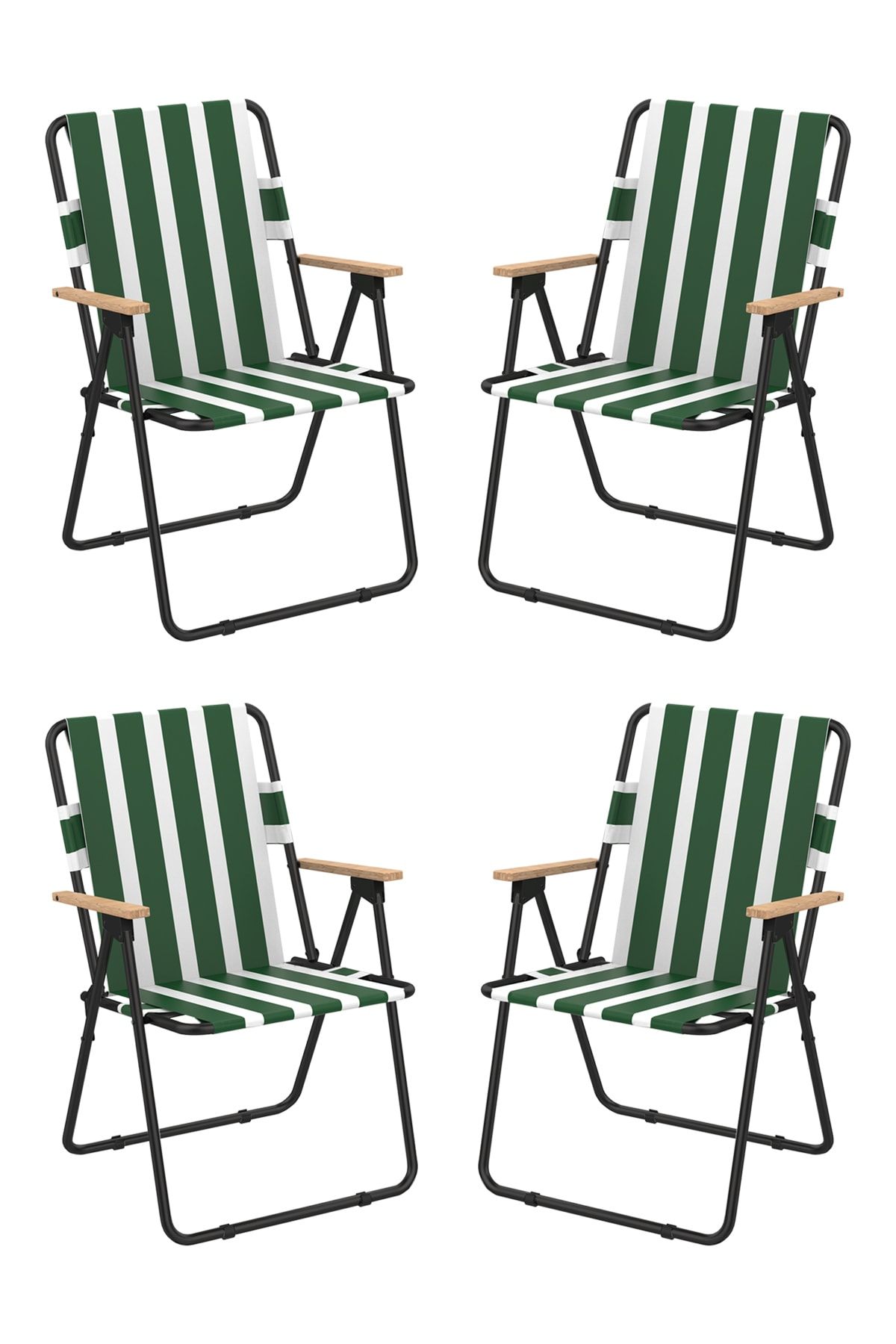 Kamp Sandalyesi 4 Adet Yeşil Çizgili Katlanır Sandalye Balkon Bahçe Sandalyesi - Yeşil Çizgili