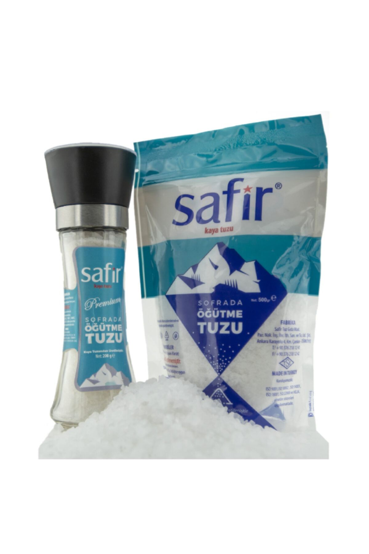 SAFİR Tuz Sofrada Öğütme Seramik Bıçaklı Cam Değirmen Ve 500 Gr. Sofrada Öğütme Çankırı Kaya Tuzu Paket