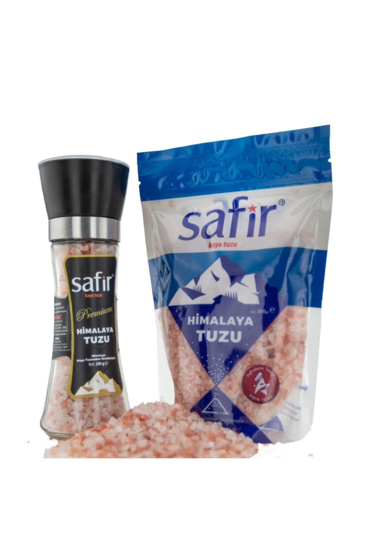 SAFİR Tuz 200 Gr. Seramik Bıçaklı Cam Değirmen Himalaya Tuzu Ve 500 Gr. Himalaya Paket Tuz