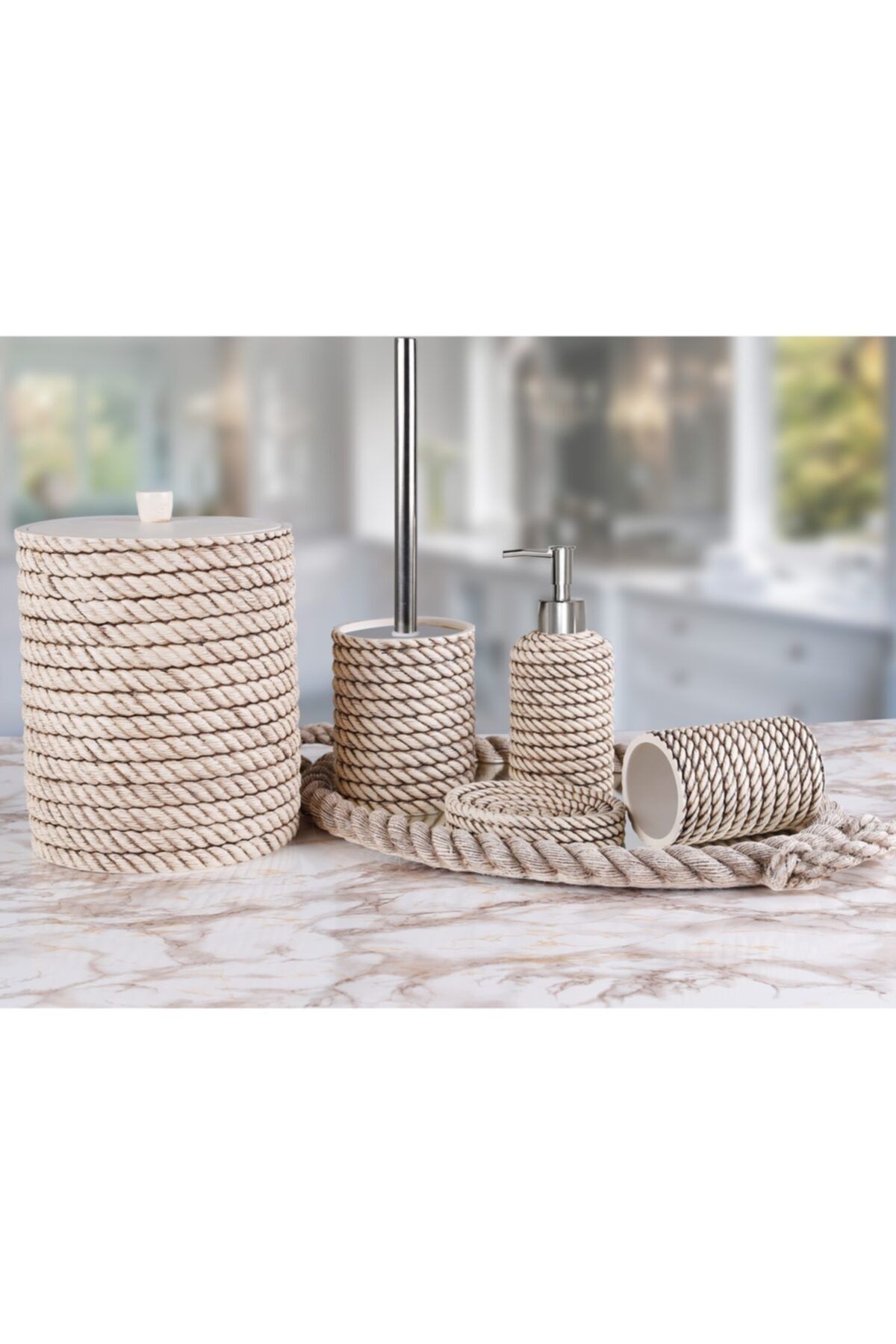 By Selim Rope 5 Parça Polyester Banyo Seti Krem
