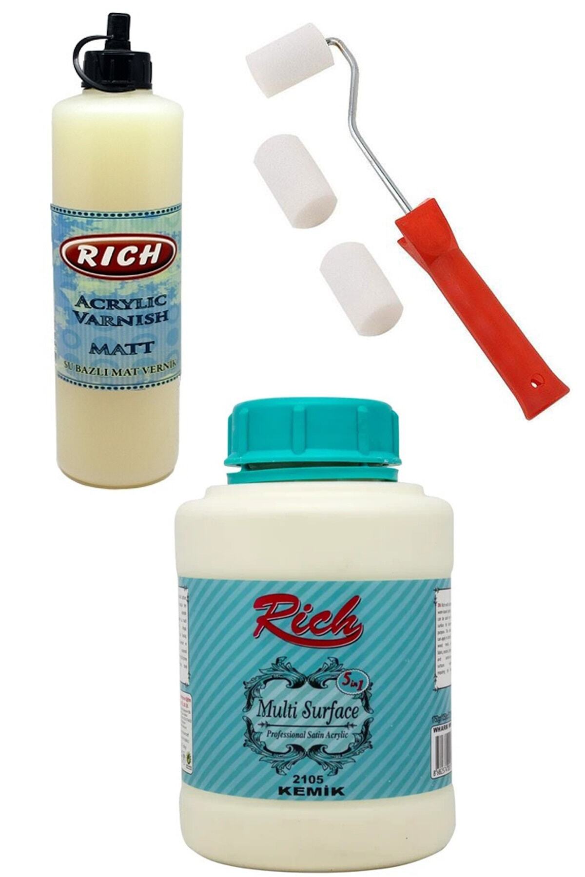 Rich Zafersanat 3'lü Boya Seti Multisurface Akrilik Boya 2105 Kemik 1750gr + Mat Vernik + Rulo Fırça