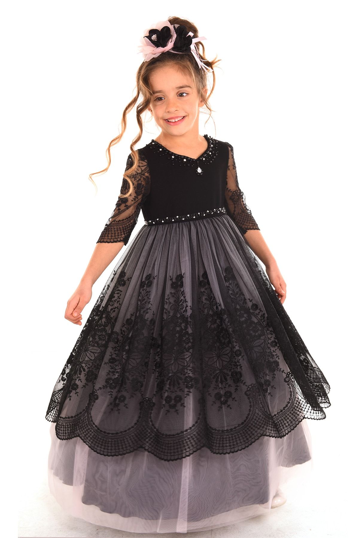 Mialora Couture Kız Çocuk Siyah Yakası Ve Kemeri İşlemeli Taçlı Kolları Dantelli Abiye Elbise