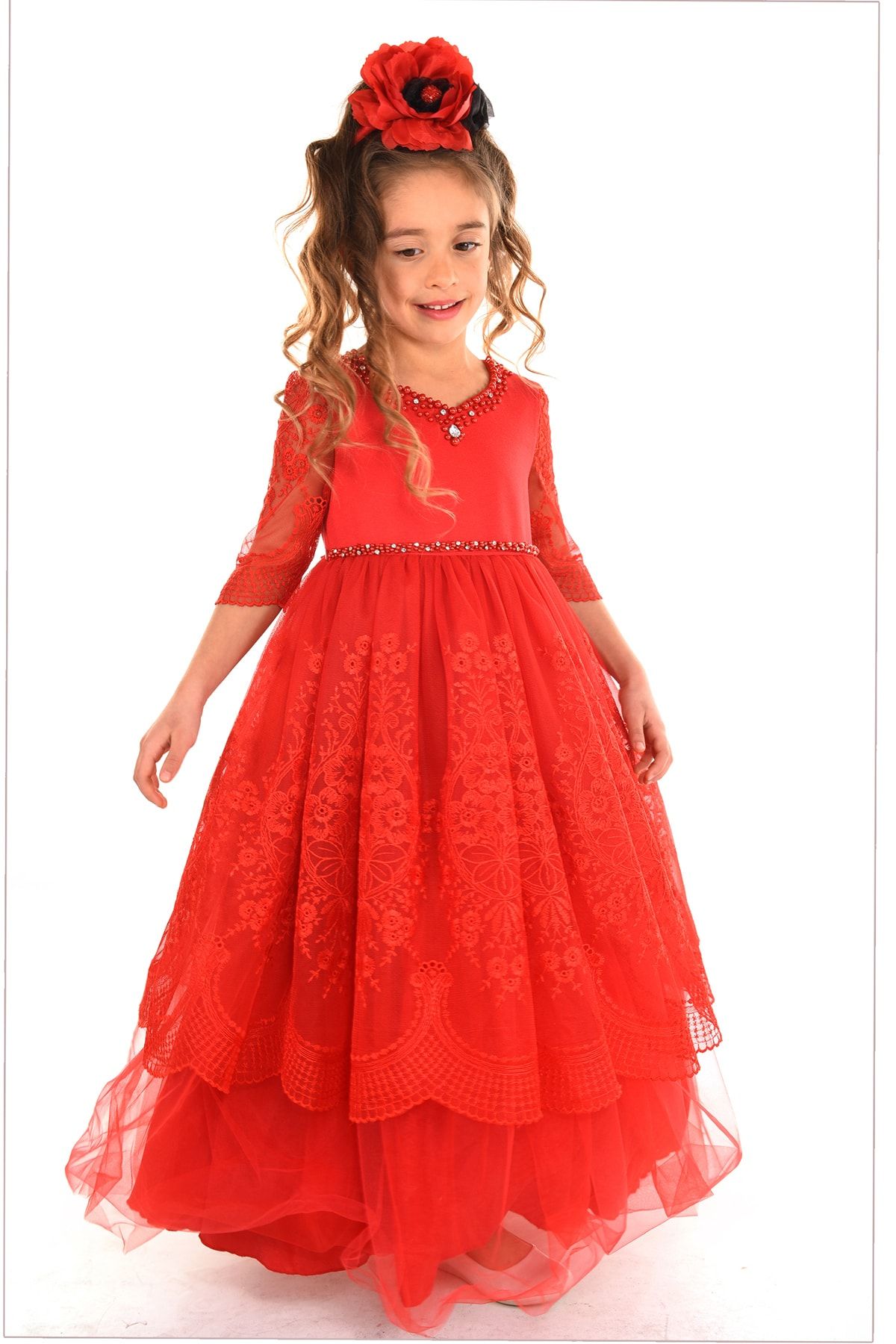 Mialora Couture Kız Çocuk Kırmızı Yakası Ve Kemeri İnci Taş İşlemeli Abiye Elbise