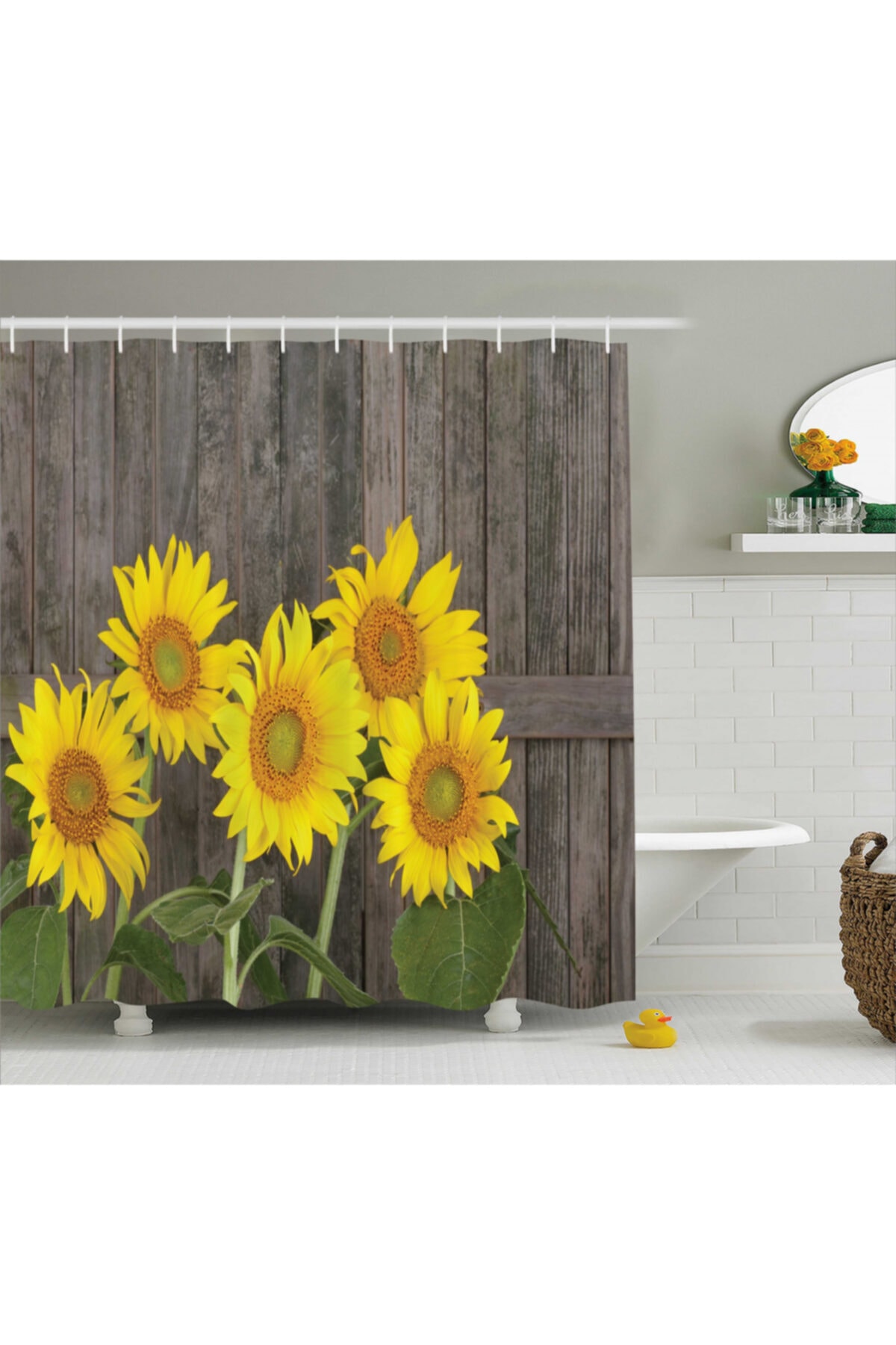 Orange Venue Çiçekli Duş Perdesi Ahşap Çit Ve Ayçiçeği