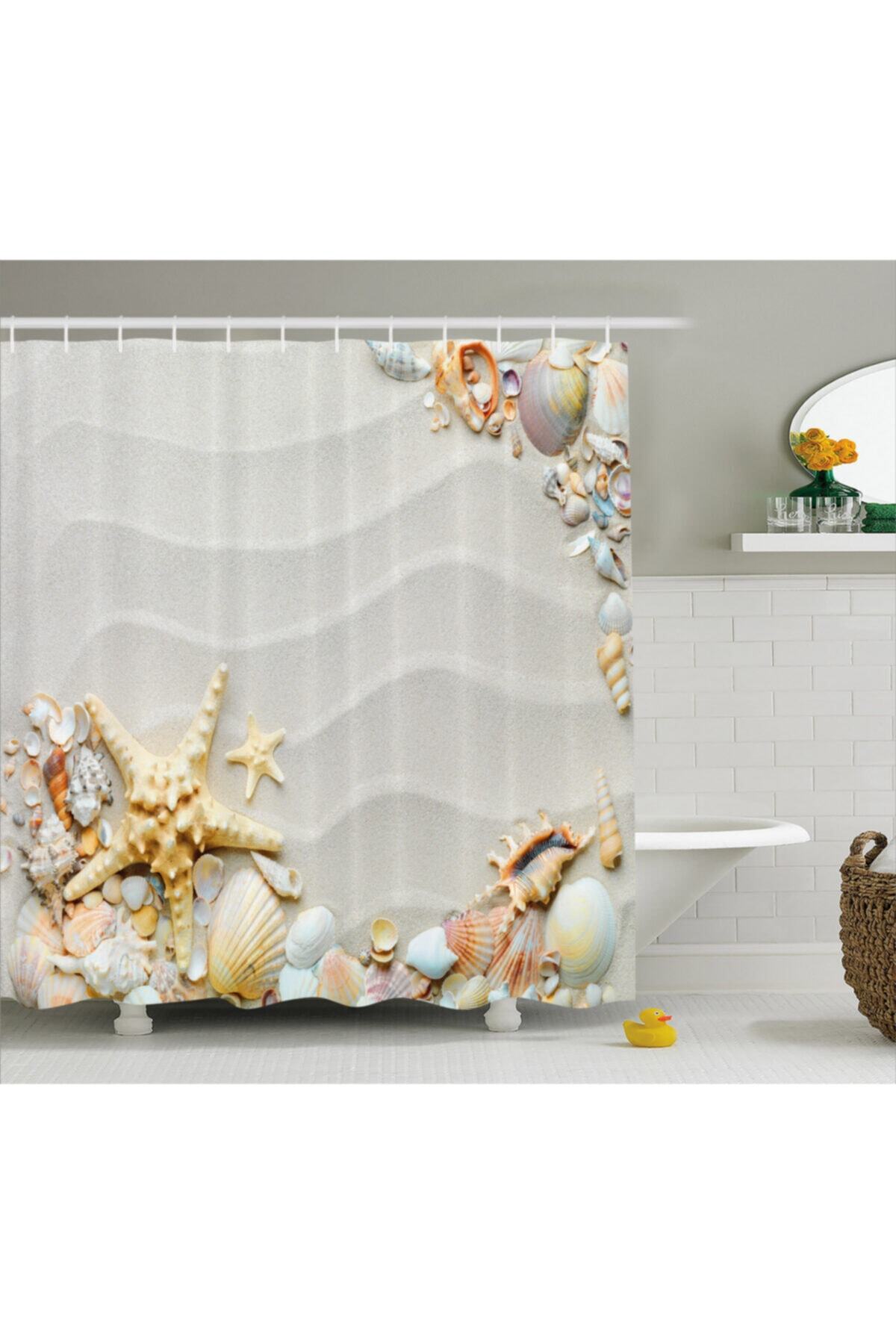 Orange Venue Deniz Ve Okyanus Duş Perdesi Kumsalda Kabuklar