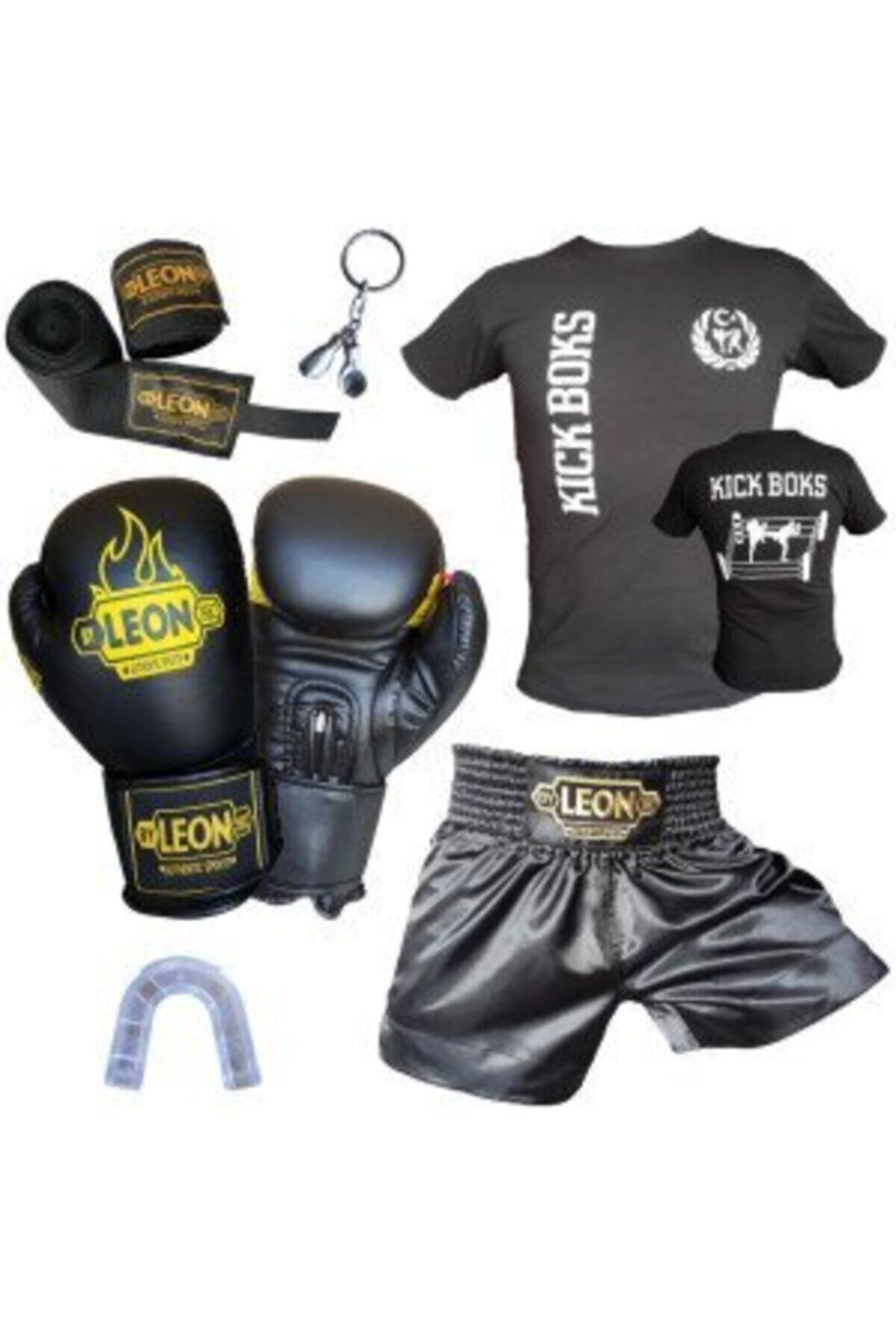 By Leon 1982 Boks Eldiveni, Leon Kick Boks Şortu, Tişört, Bandaj, Dişlik, Seti Siyah