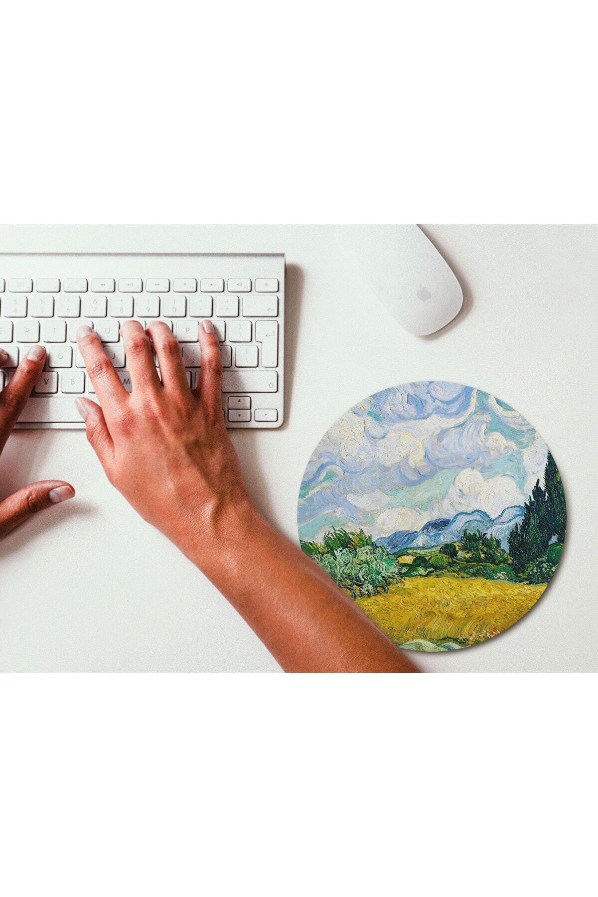 WuW Van Gogh Wheat Field With Cypresses Yuvarlak Mouse Pad