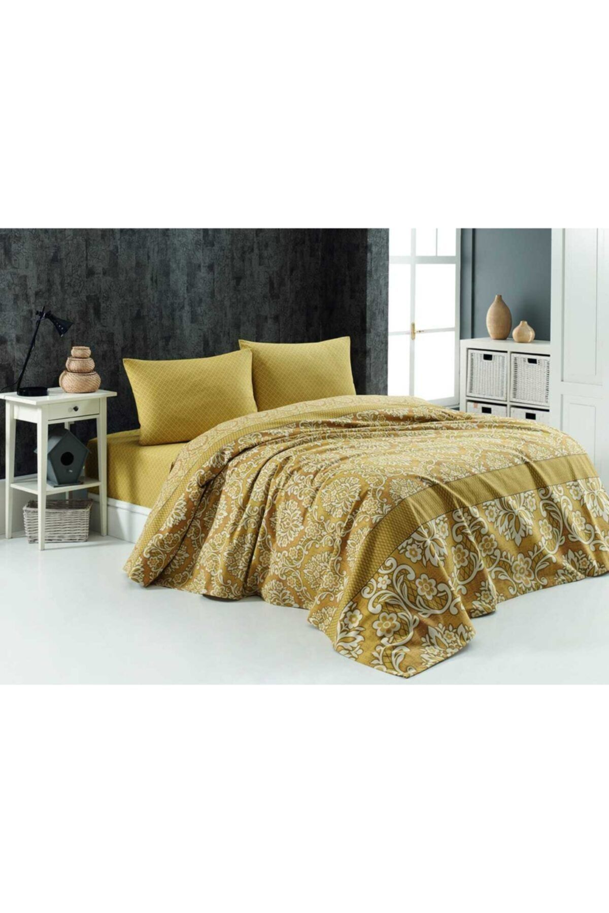 Akfil Life Baskılı Mirabel Tek Kişilik Pike Takımı Gold & Tek Kişilik Pike Takımı