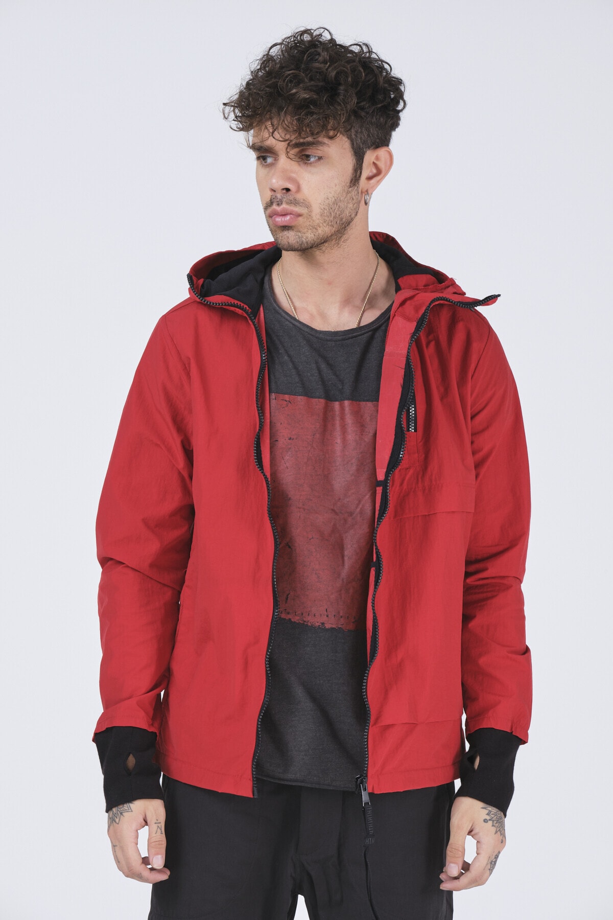 Expent Erkek Kırmızı  Çift Fermuarlı Kapüşonlu Yağmurluk