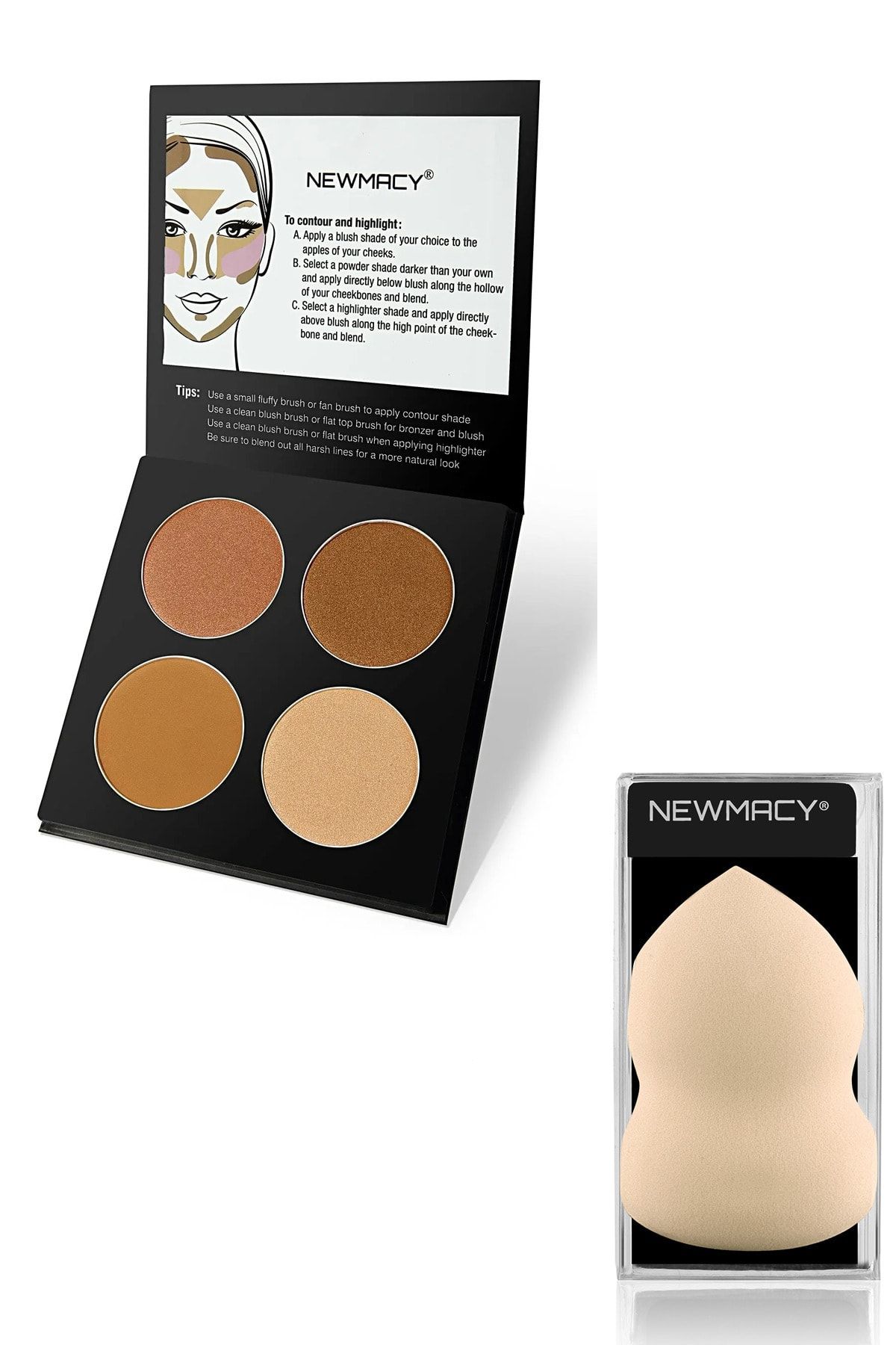 Newmacy 4'lü Aydınlatıcı&kontür Paleti - Highlighter&contour Pro 4 Colors Palette 01 + Latex Sünger Hediyeli