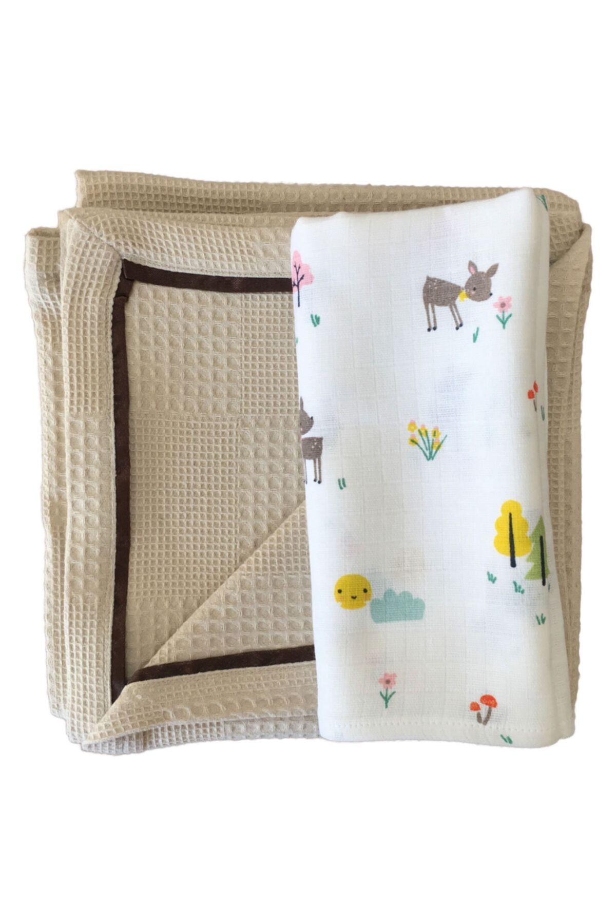 minidjique Bebek Sütlü Kahve Damalı Desen Bambi Figürlü Pike ve Müslin Bebek Örtüsü İkili Set