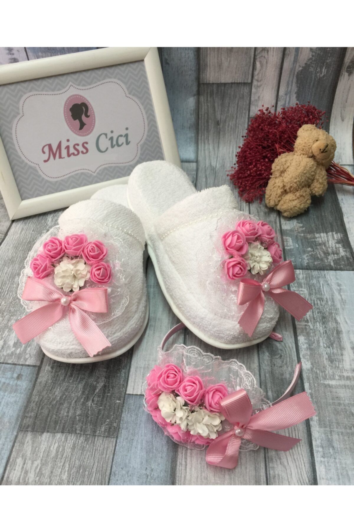 Miss Cici Çiçekli Lohusa Tacı Ve Lohusa Terliği Set Pembe