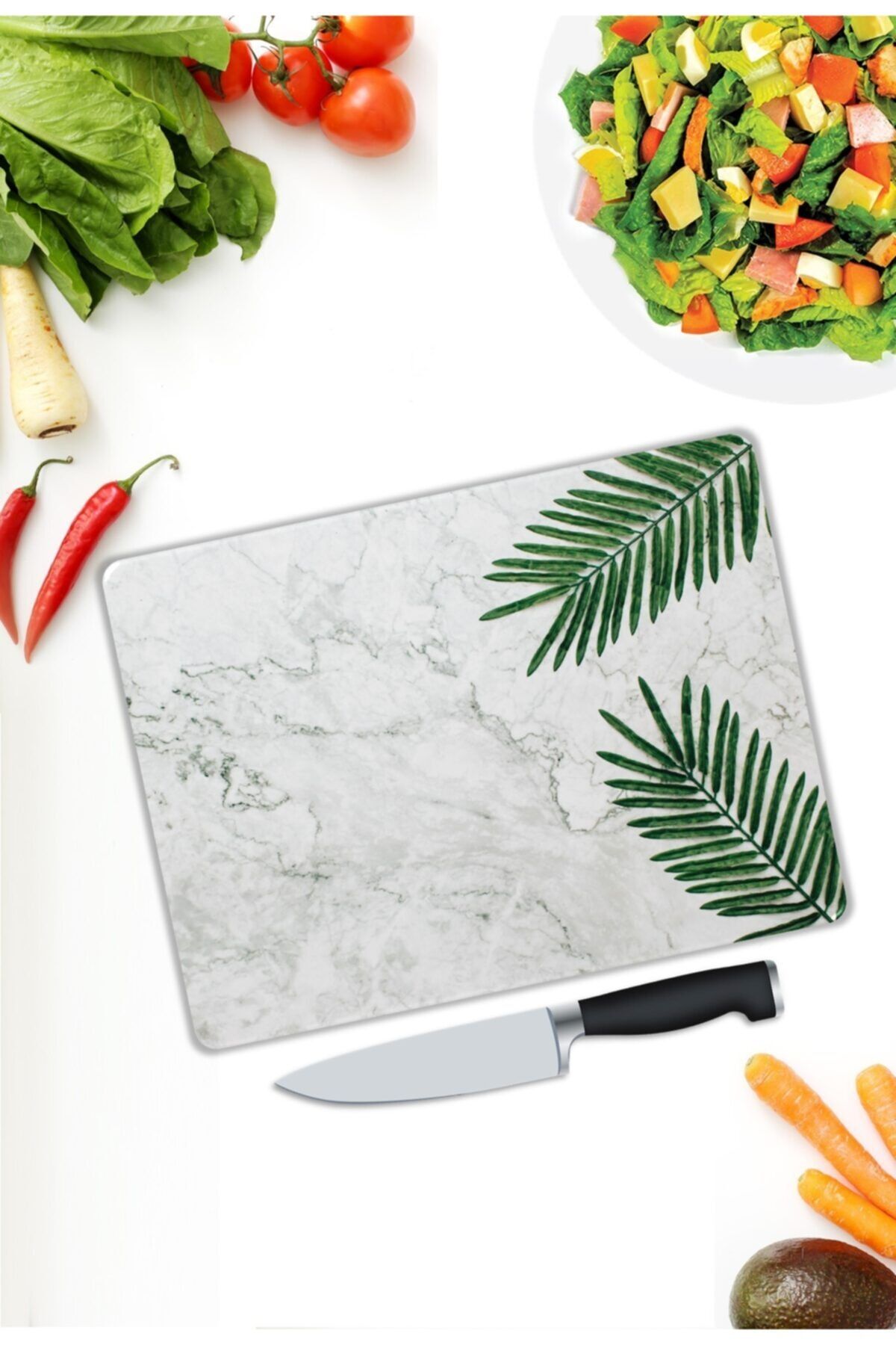 Pi Dekorasyon Beyaz Mermer Görünümlü Cam Kesme Tahtası 25 cm X 35 cm