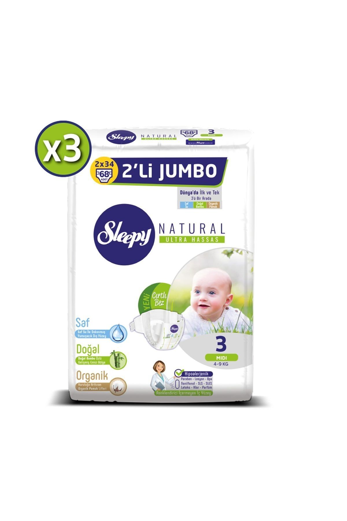 sleepy natural bebek bezi 3 beden midi 3x2 li jumbo 204 adet fiyati yorumlari trendyol