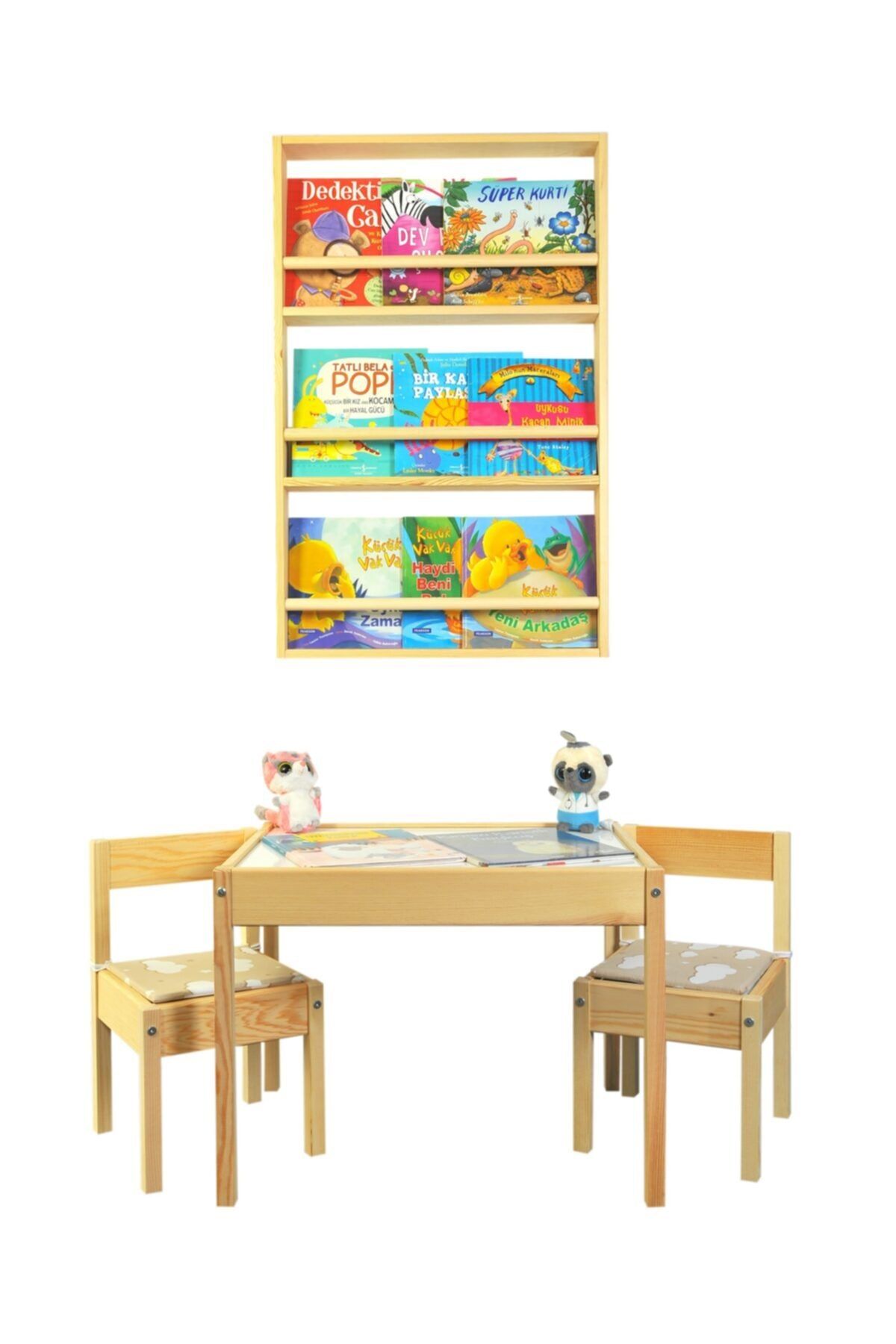 Masal Oyuncak Ahşap Aktivite Masası + 2 Sandalye + Kitaplık 3 Raflı