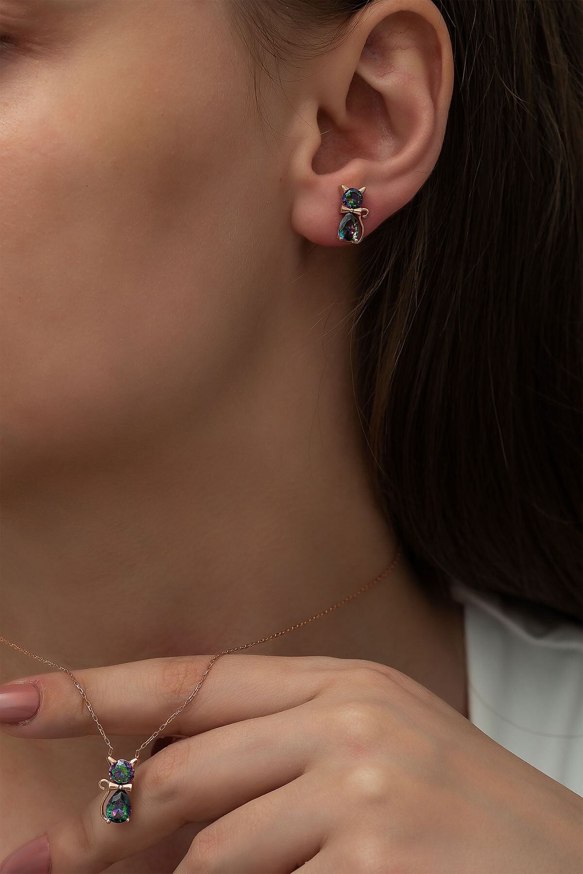 Papatya Silver 14 Ayar Rose Altın Mistik Topaz Taşlı Altın Kedi Kolye Küpe Set