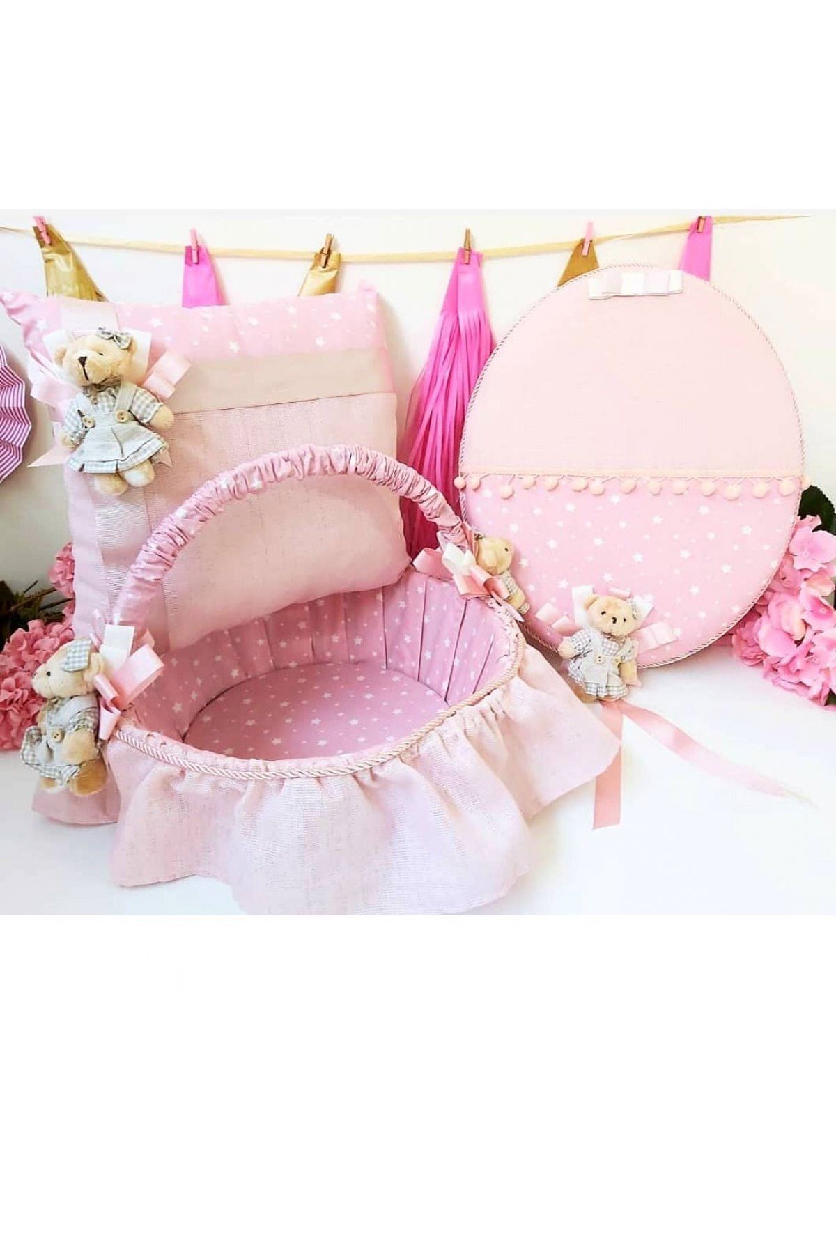 Hayaller Dükkanı 3 Lü Set Kız Bebek Pembe Yıldız Kumaşlı Ayıcıklı Kapı Süsü Yastık Sepet Bebek Süsleri