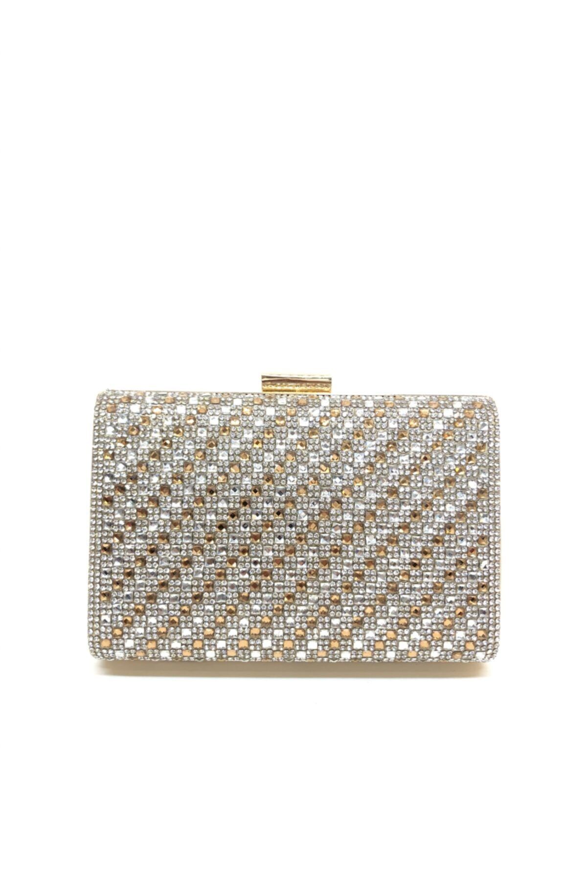womenacs Kadın Altın Renk Taşlı Işlemeli Uzun Askılı Abiye Portföy Clutch Çanta