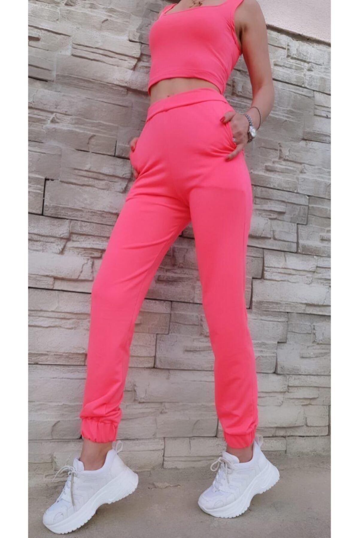 VENTİUP Kadın Neon Pembe Paçası Lastikli Pamuklu Eşofman Altı