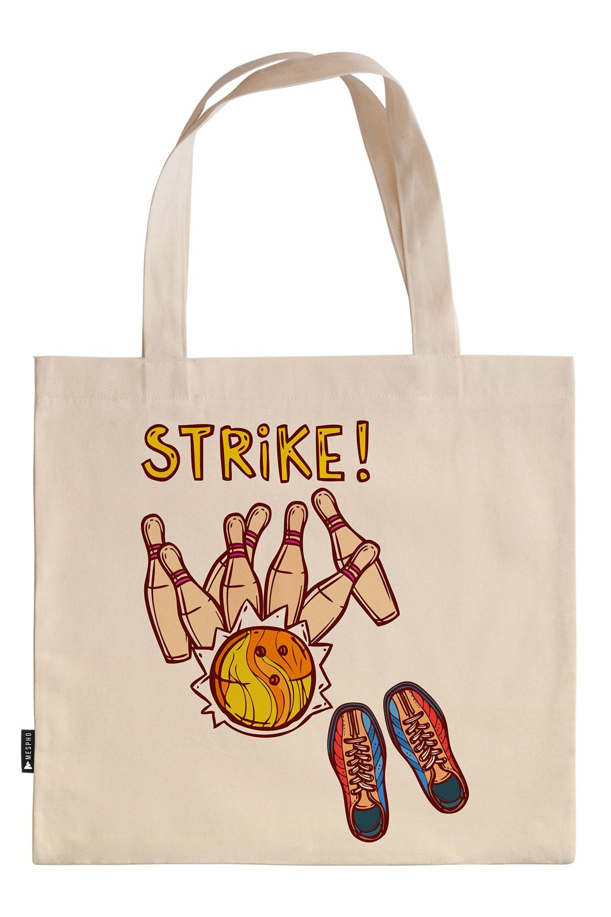 Mespho Bowling Topları Strike 45x40 cm. Baskılı Ham Bez Çanta