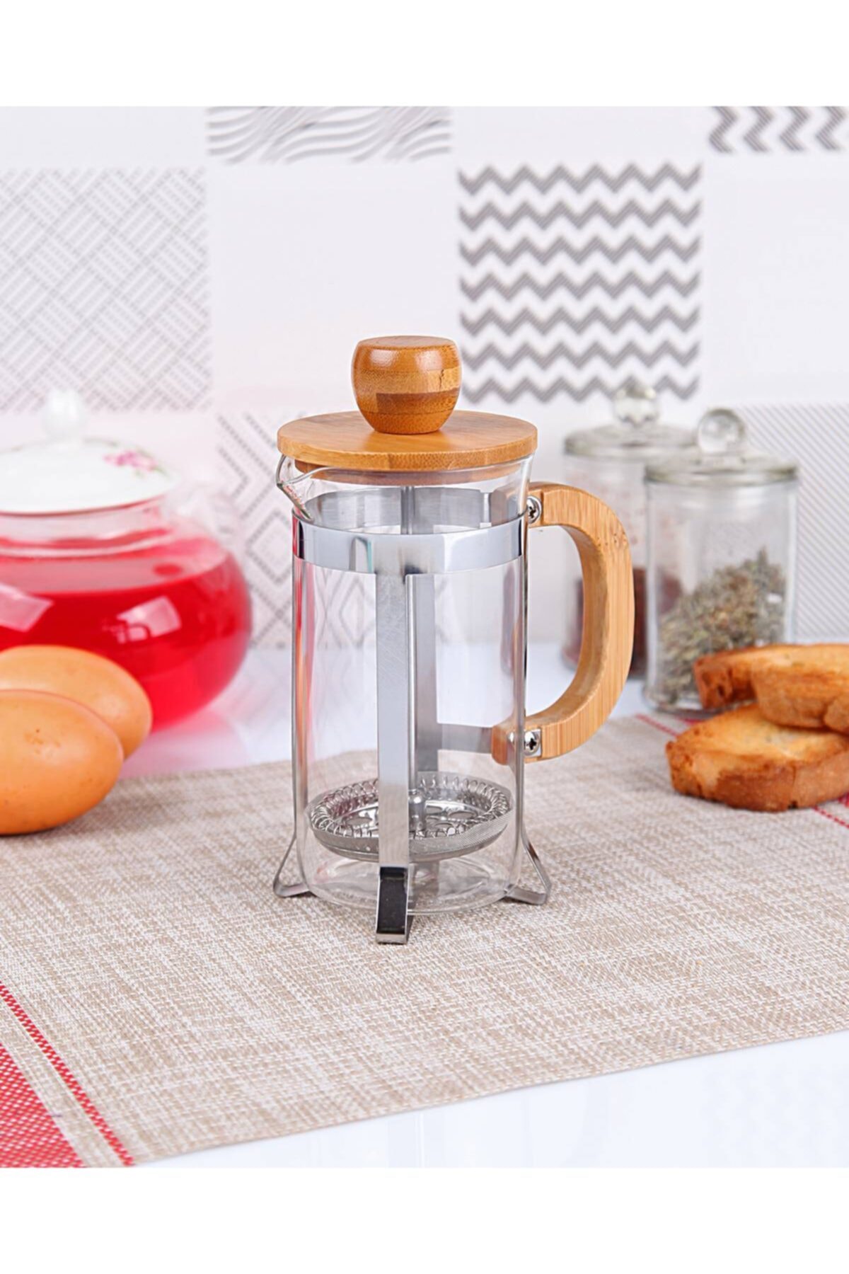 Bastonlu Bambu Kapaklı Cam French Press 350 Ml