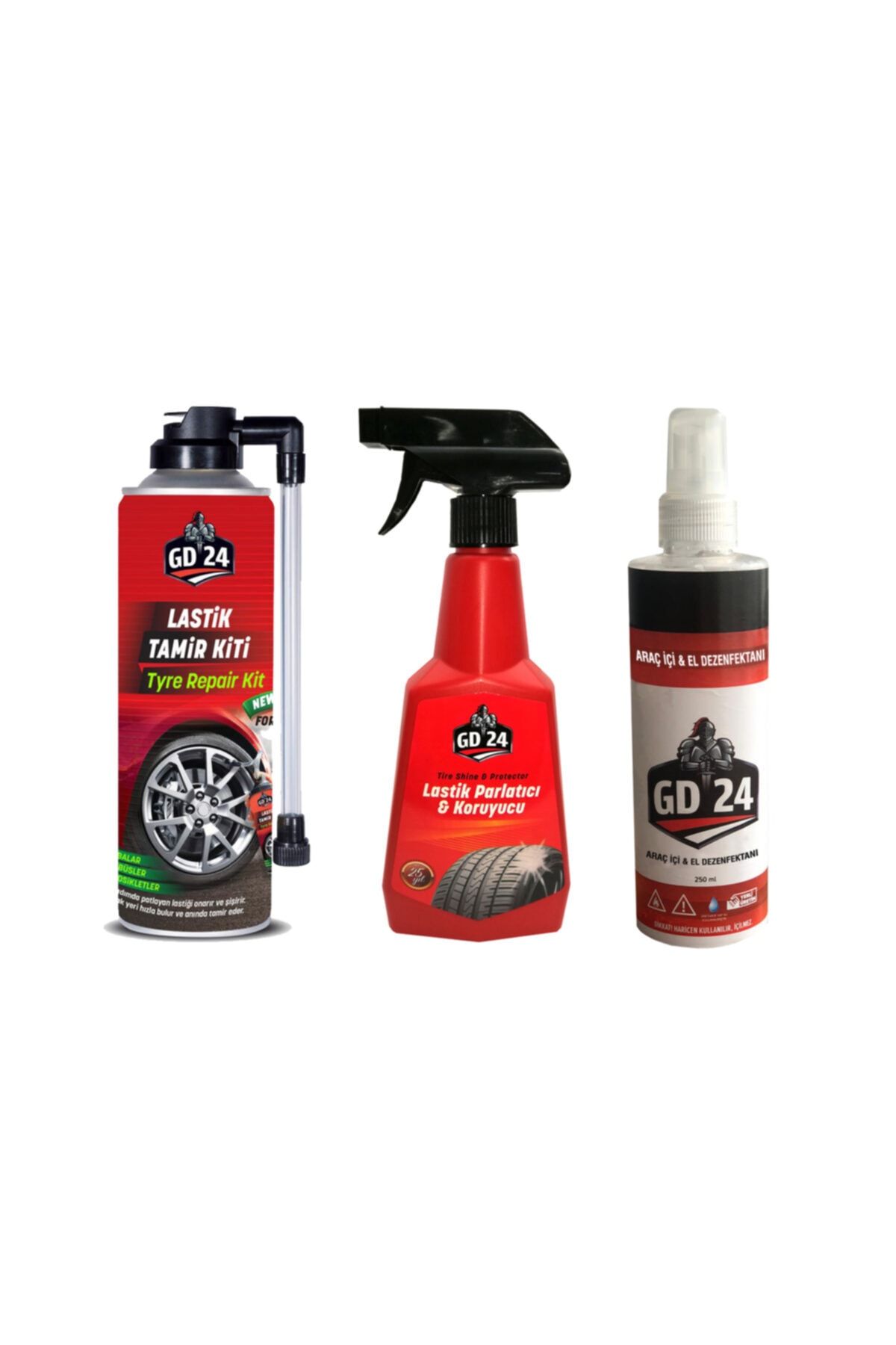 GD 24 Gd24 Lastik Tamir Kiti 450 Ml + Lastik Parlatıcı 500 Ml + Araç Içi & El Dezenfektanı