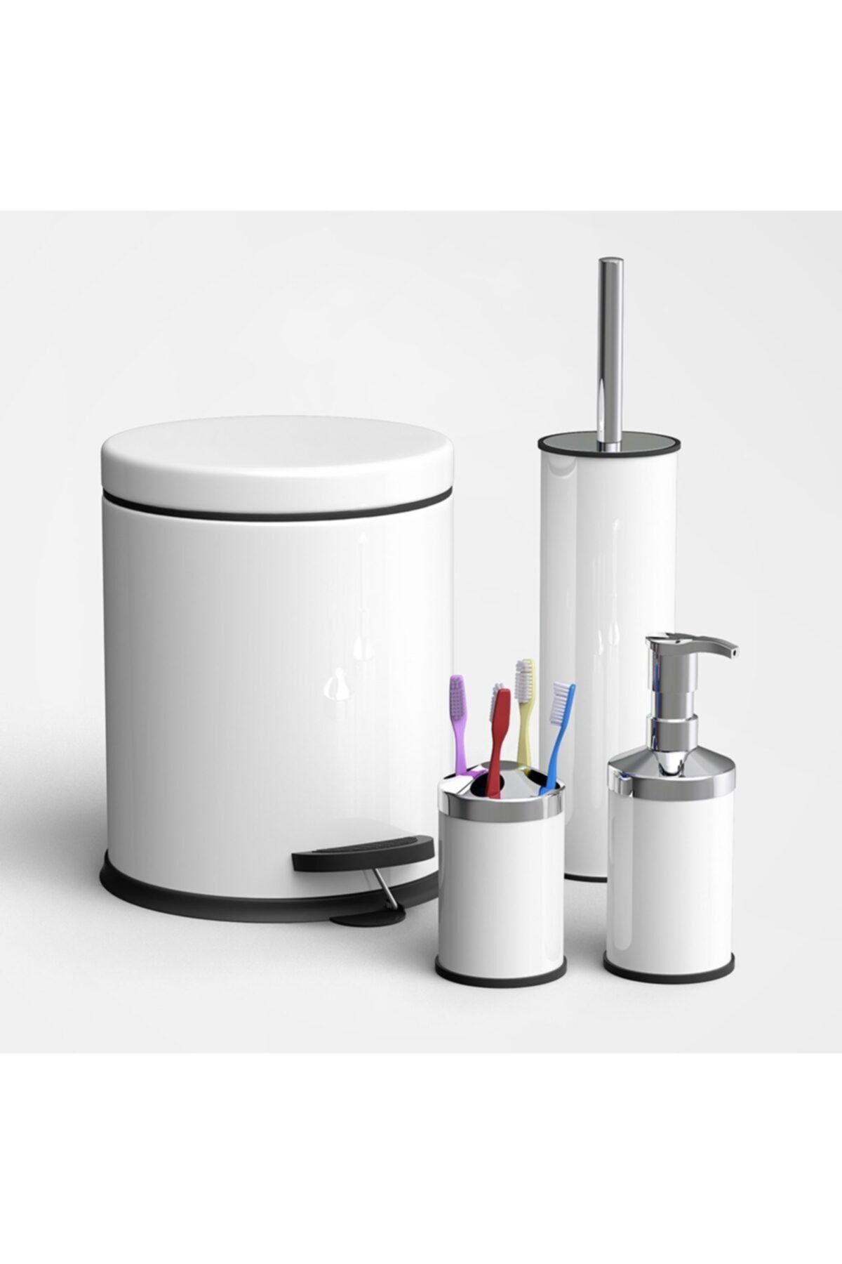 Fevito Beyaz Çöp Kovası Wc Fırça Sıvı Sabunluk Diş Fırçalık Set 4 Lü Set 5 Lt