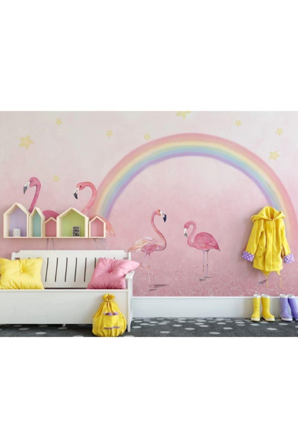 Renkli Duvarlar Pembe Flamingo Kız Odası Özel Tasarım Duvar Kağıdı 4.00x2.30