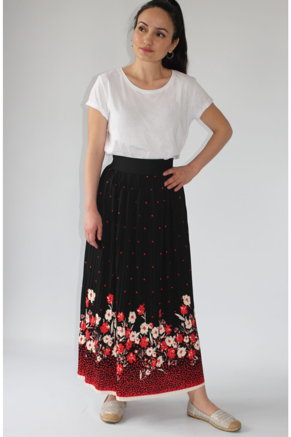 oyagüler Bel Kalın Lastikli Puantiye Çiçek Desenli Bayan Pilise Etek