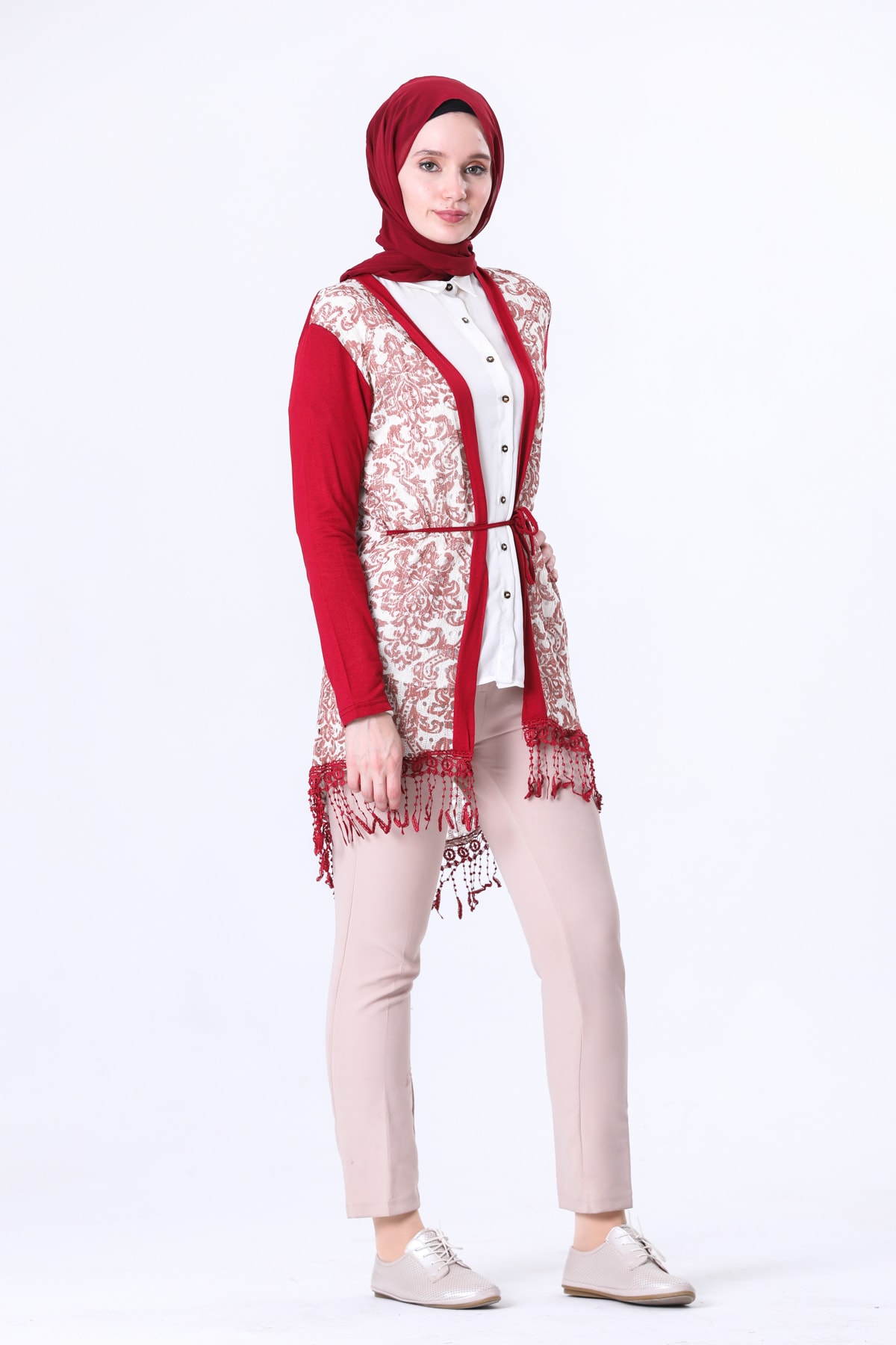 Pardesü Dünyası Kadın Bordo Desenli Bağcıklı Güpür Detaylı Tesettür Hırka 1681