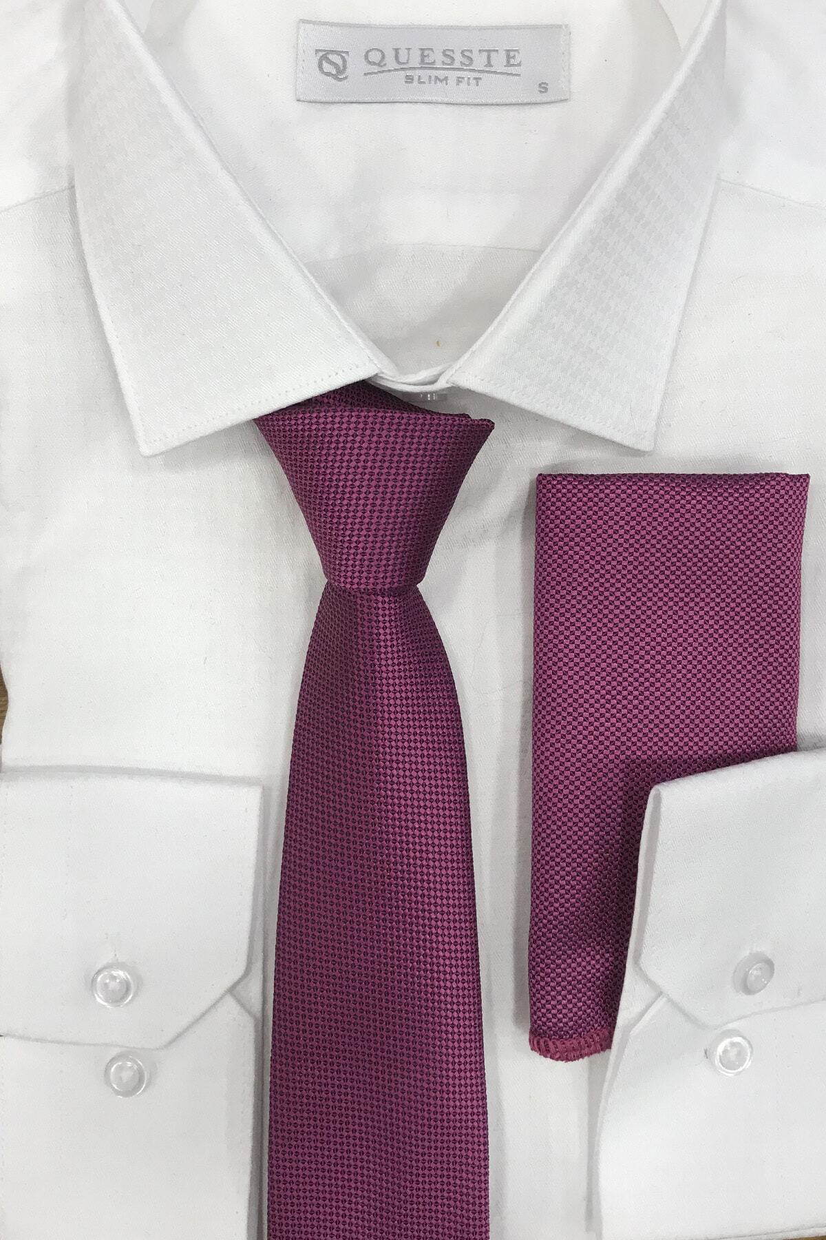Quesste Accessory Erkek Pembe Armür Dokumalı Noktalı Mendilli Ince Kravat 6 cm
