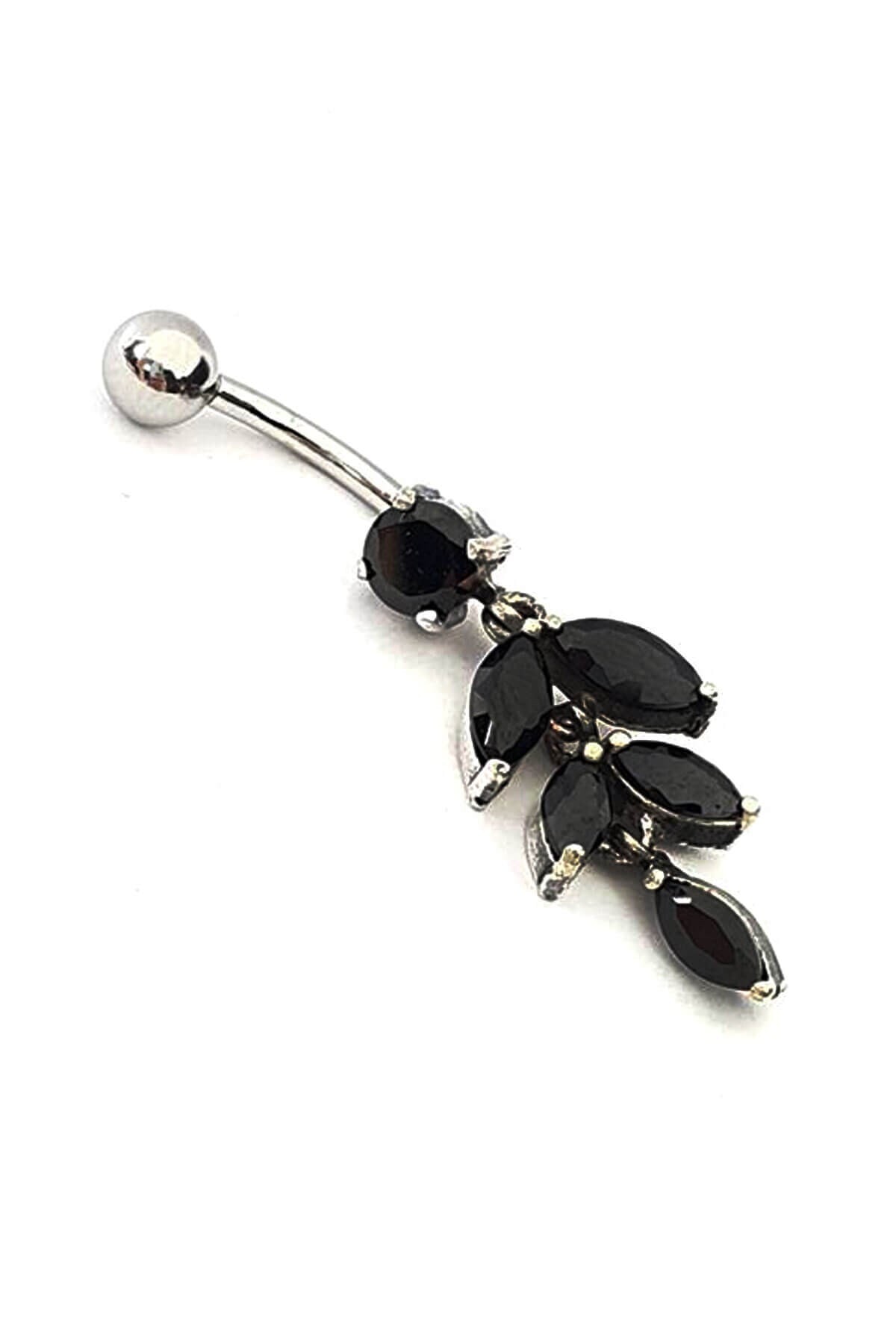 OSESHOP Oniks Tasli Yaprak Gümüş Göbek Piercing 1.3 Cm 1.3 Mm Uzunluk 2.5 Cm