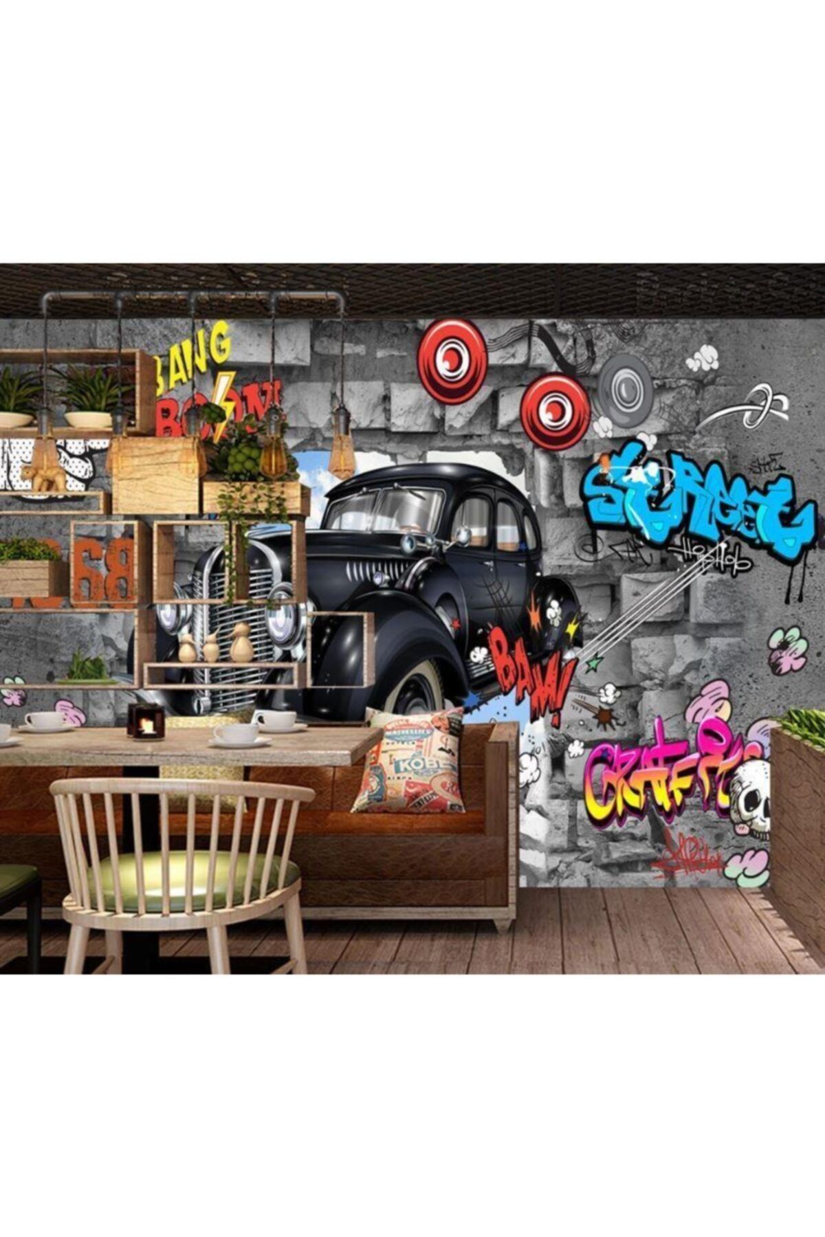 Renkli Duvarlar Siyah Antika Model Araba Graffiti Özel Tasarım Duvar Kağıdı 5.00x2.70