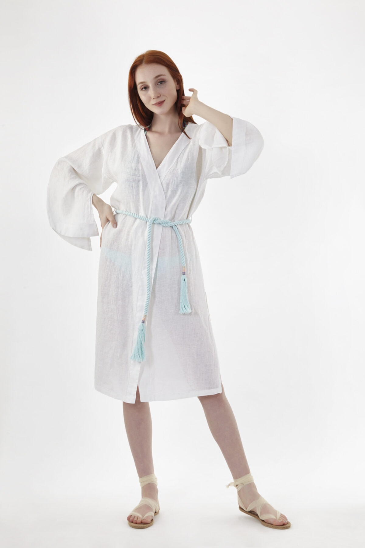 juneandlin Kadın Ekru Alazata Keten Kimono