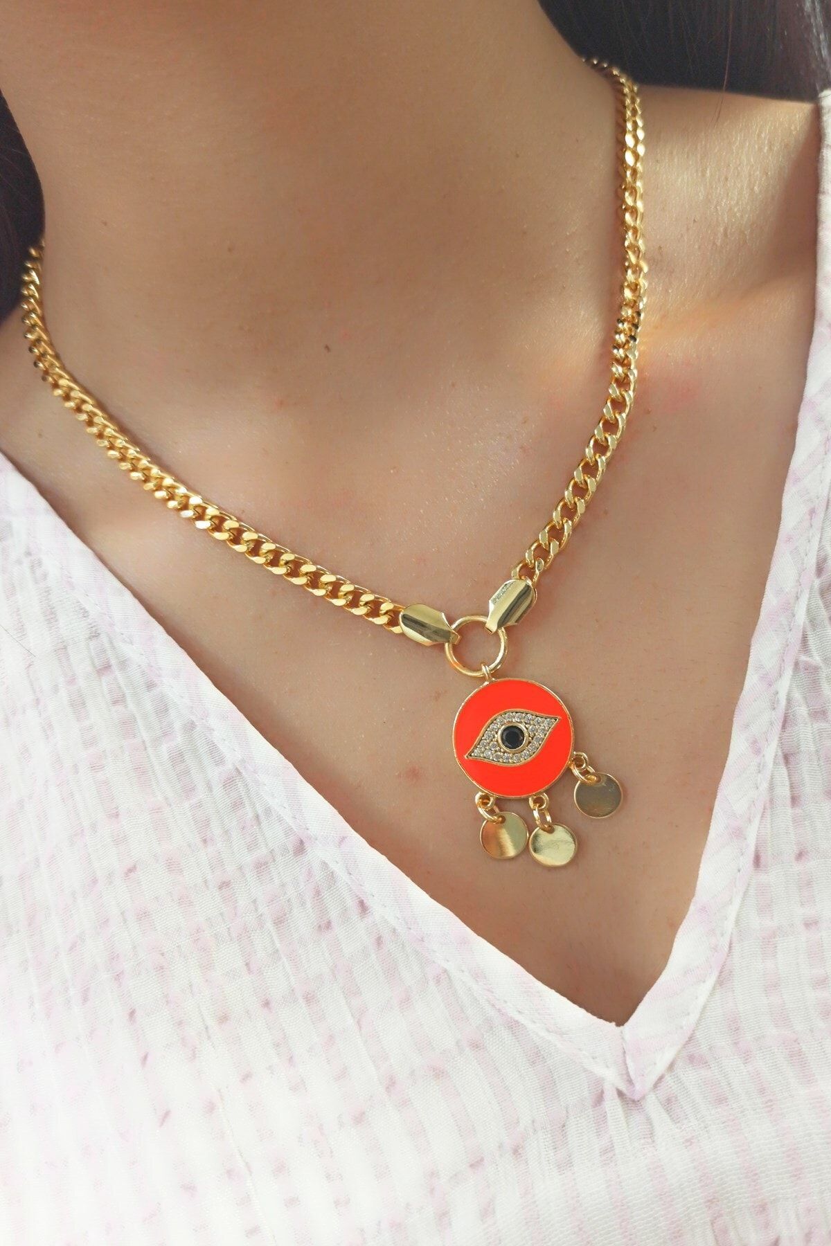 Çlk Accessories Neon Turuncu Göz Figür Kolye B400