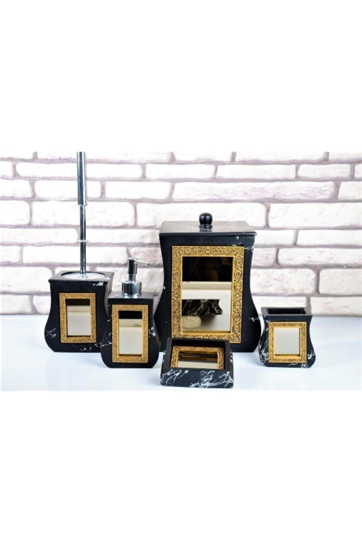 Olcay Home Siyah Polyester Aynalı Lüx 5 Parça Banyo Seti