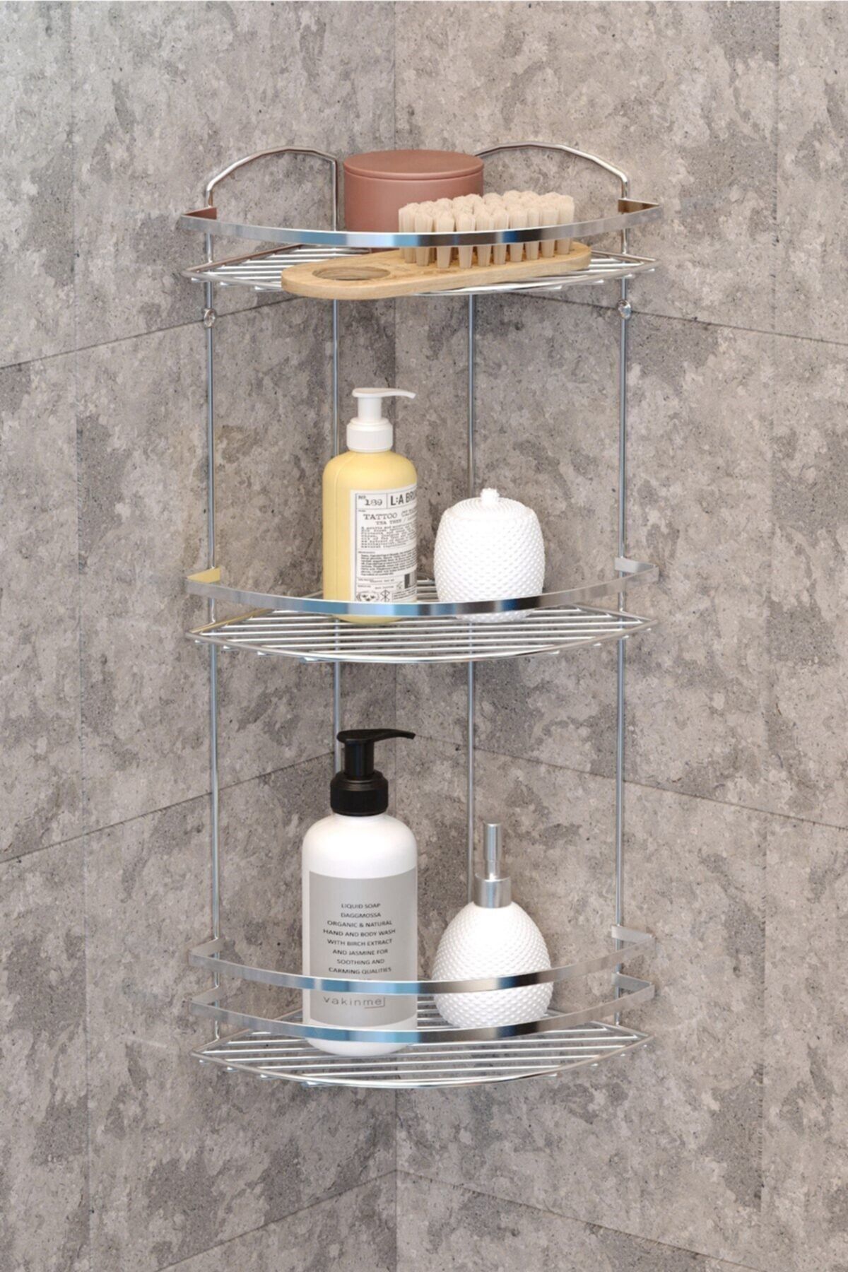 Teknotel Üç Katlı Banyo Duş Köşe Rafı Krom Lm009