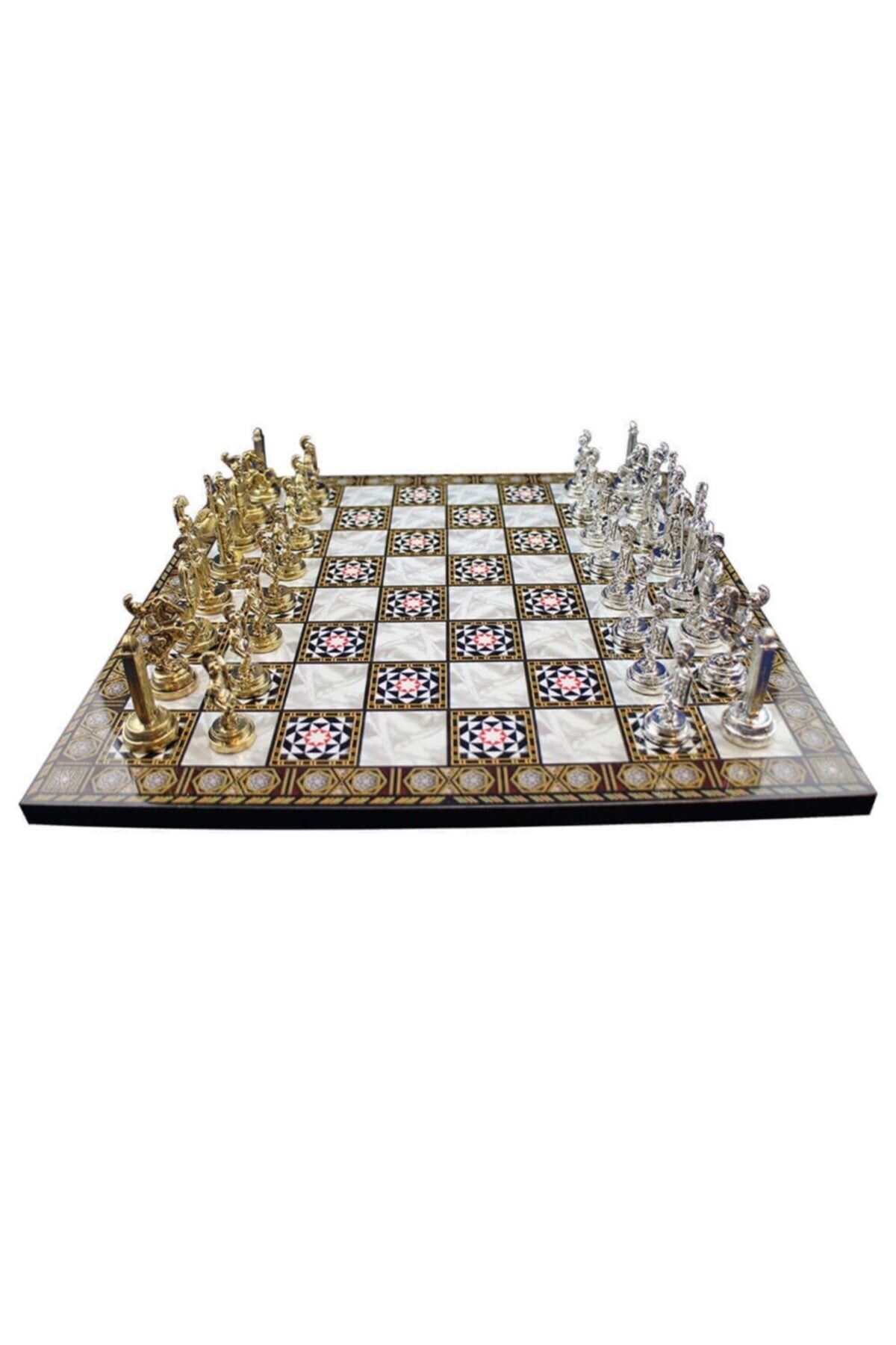 Gift Home Orta Boy Metal Roma Satranç Takımı Parlak ve Sedef Desenli MDF Ahşap Satranç Tahtası (37x37 cm.)