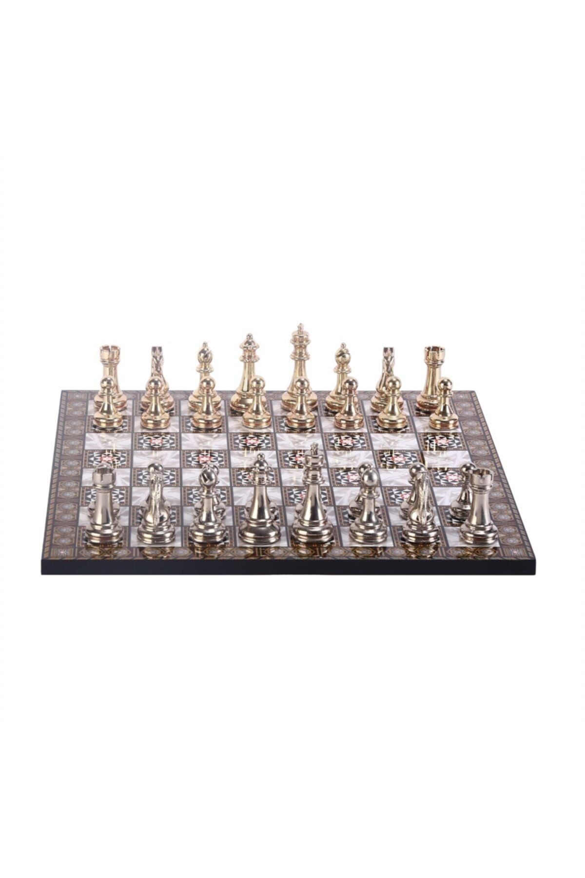 Gift Home Metal Klasik Satranç Takımı Parlak  ve Sedef Desenli MDF Ahşap Satranç Tahtası (37x37 cm.)
