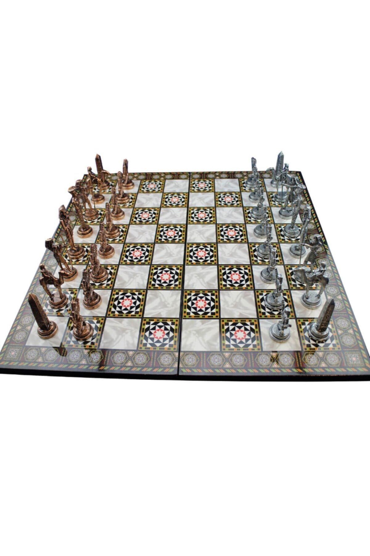 Gift Home Metal Mısır Satranç Takımı Antik ve Katlanır Sedef Desenli MDF Ahşap Satranç Tahta (43x43 cm.)