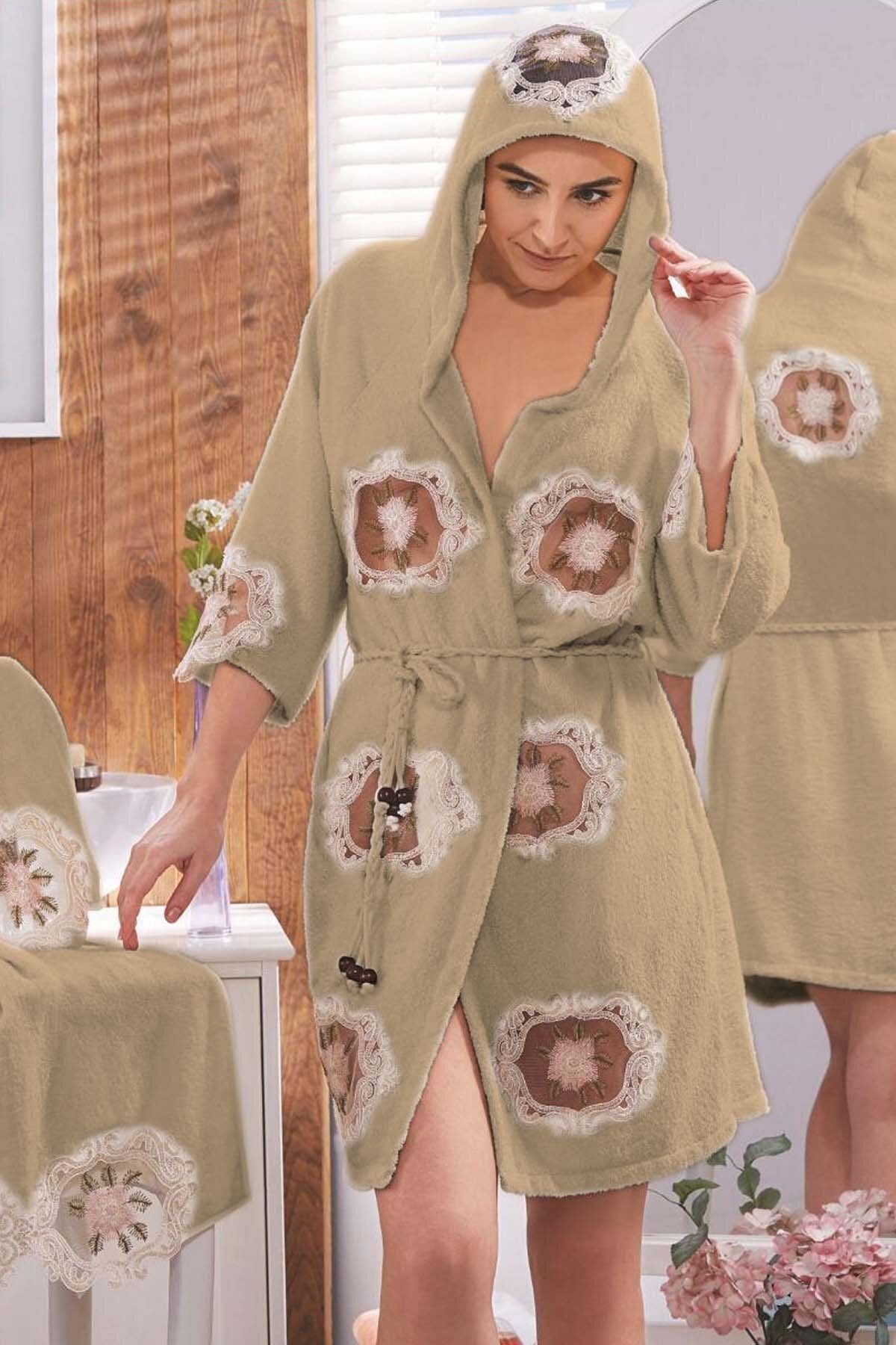 Bonny Home Lara Kapuçino Bayan Fransız Dantelli Balayı Çeyizlik Hamam Kadın Bornozu Seti