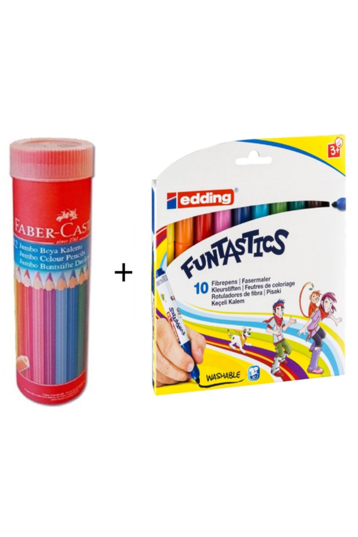 Faber Castell 12 Li Tüp Jumbo Kuru Boya + Edding Funtastıc 10 Renk Ince Uçlu Keçeli Kalem