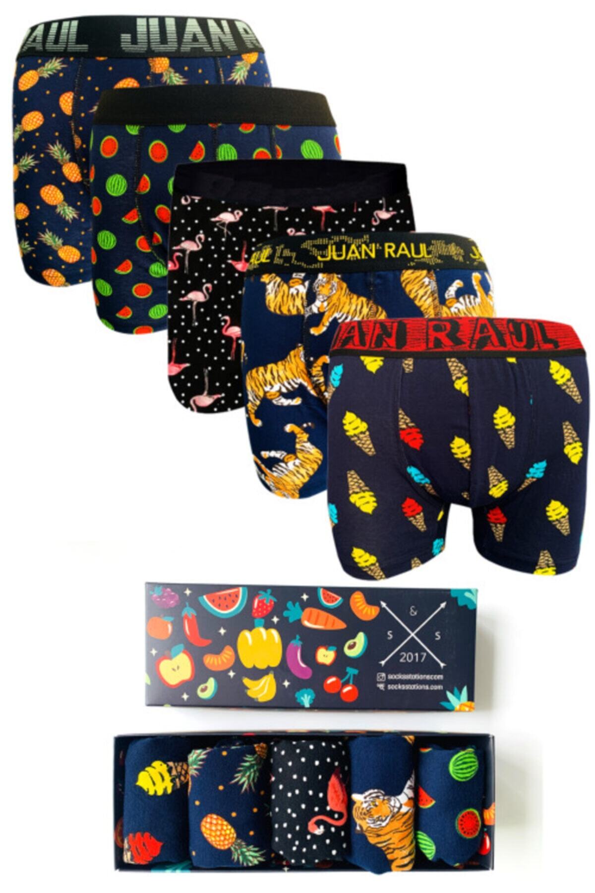 Socks Stations 5'li Boxer Kutusu Renkli Desenli Pamuk Boxer Kutusu