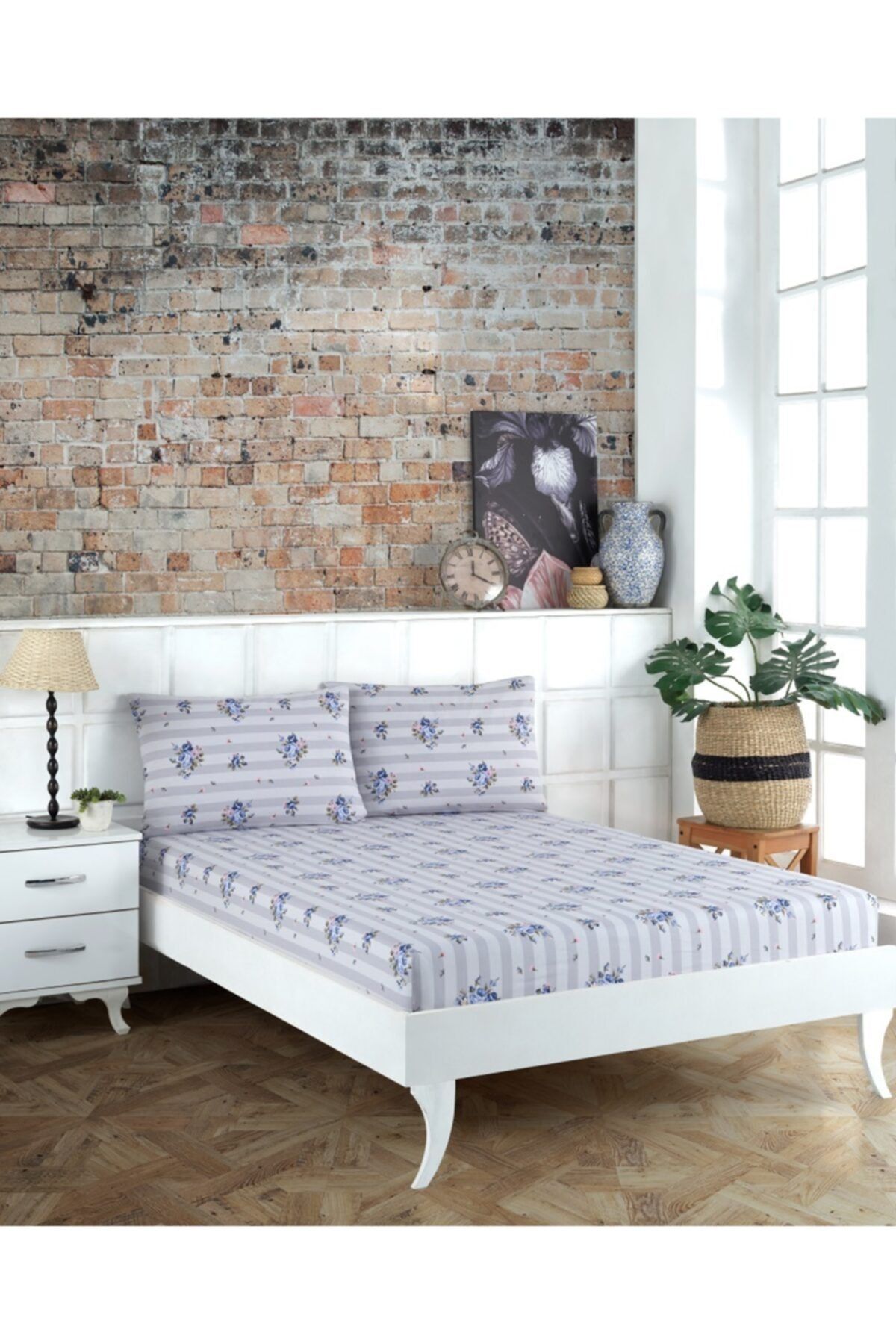 Weekend Home Çift Kişilik Lastikli Çarşaf Takımı Strıpe&flor Gri