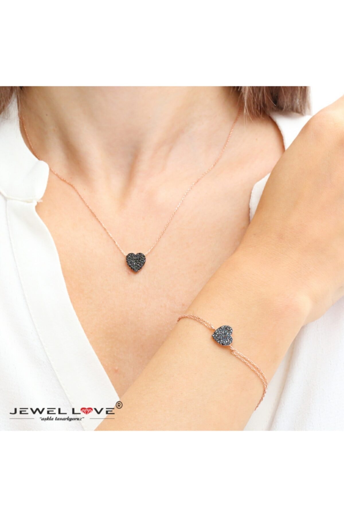 JEWEL LOVE Pırlanta Montür Tasarım Oniks Taş Kalp Gümüş Kolye Ve Bileklik Ikili Set