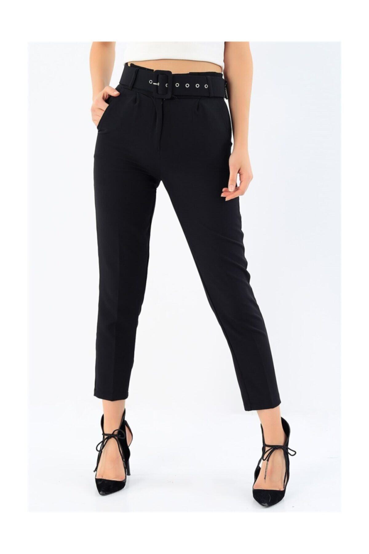 Hepmor Kadın  Siyah  Kemerli Likralı Havuç Pantalon