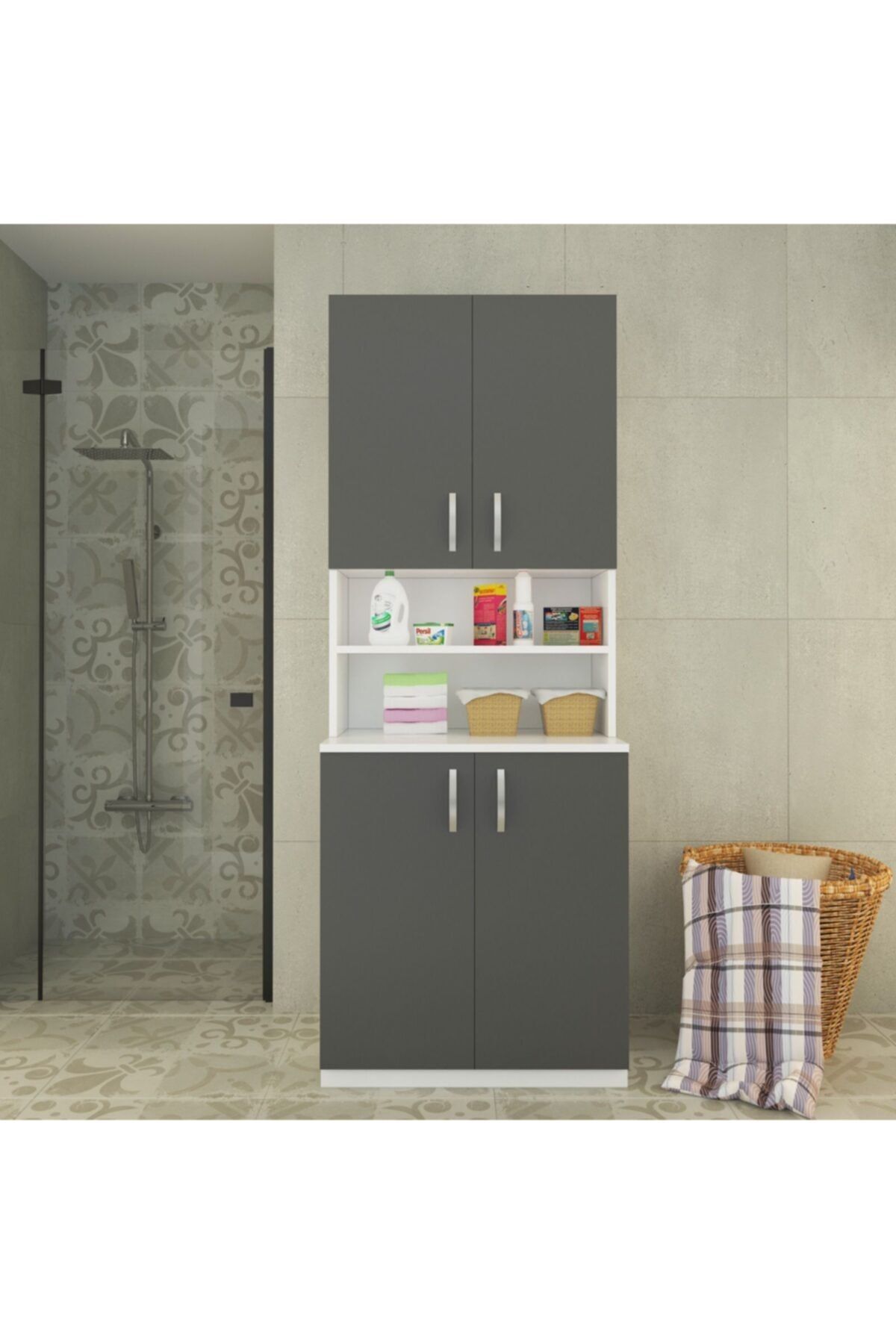 ARS GRUP MOBİLYA Antrasit Banyo Dolabı Çamaşır Makinesi Dolabı 4 Kapaklı Raflı Dolap