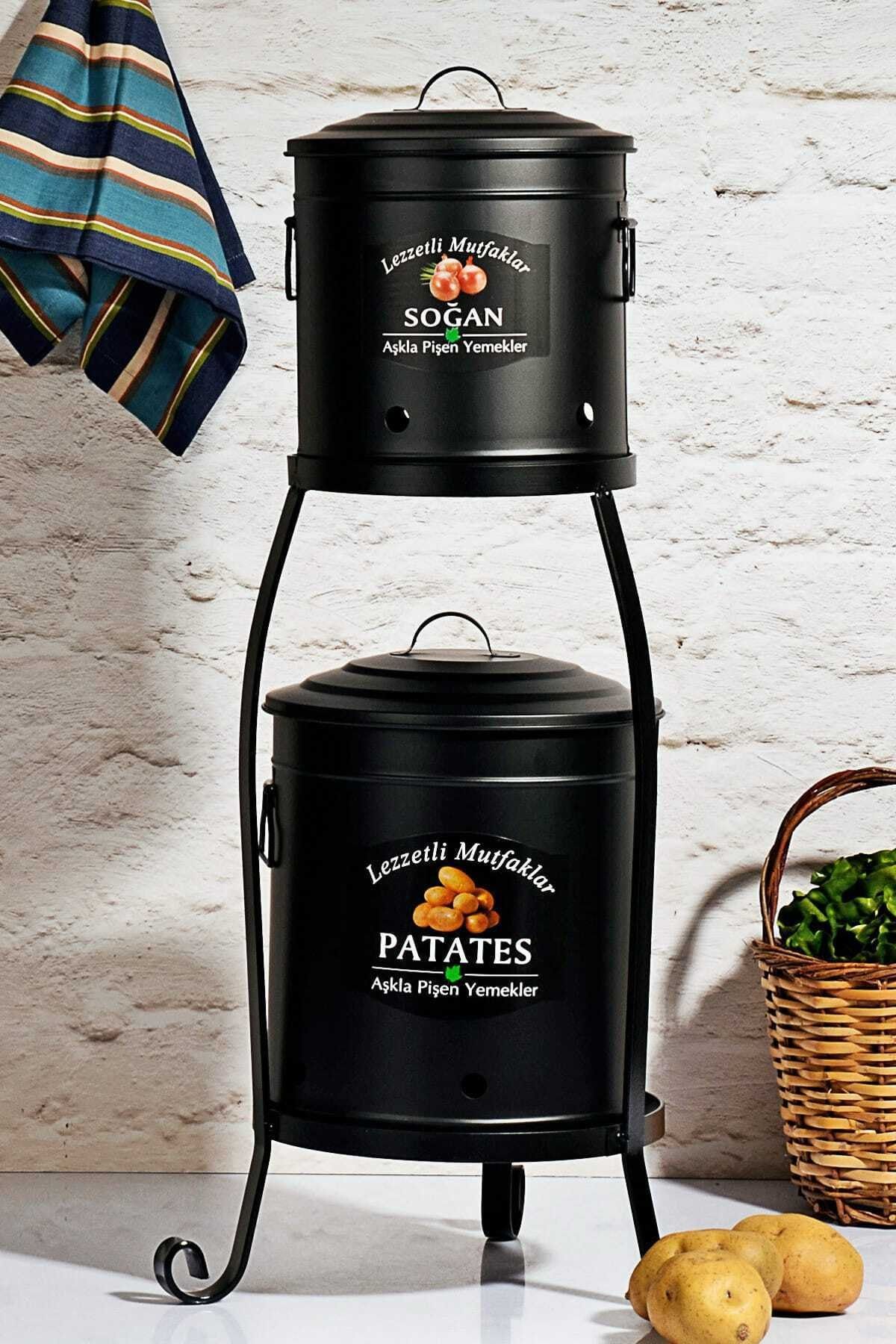 Kitchen Chef Ferforje Lüx Katlı Lamalı Büyük Patates Ve Soğan Kovası Siyah