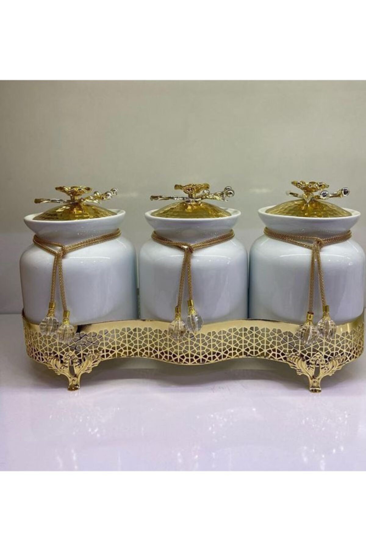 ASİL HOME ELEGANCE Metal Tepsili 3'lü Porselen Lüks Baharatlık Seti