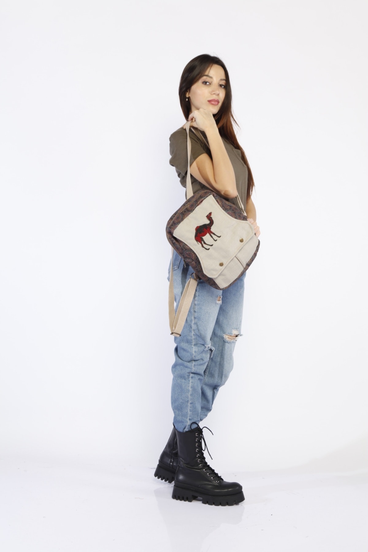 Street Bag Kadın Gri Deve Desenli Nakışlı Etnik Otantik Sırt Çantası